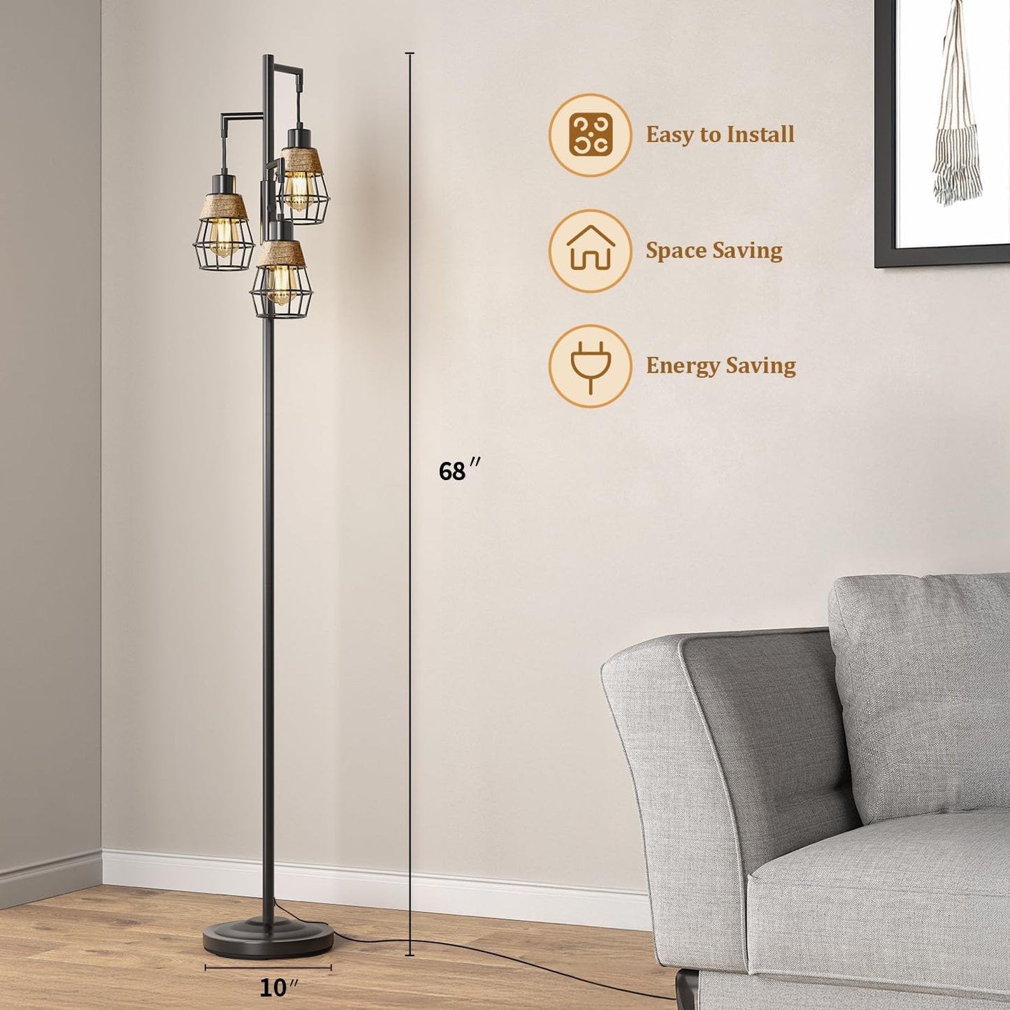 Oneach 68" Floor Lamps for Living Room, Stepless Dimmable Boho Floor Lamp with 3 Bulbs, Tall Farmhouse Industrial Corner Standing Tree Lamp for Bedroom, Office, Study Room, Dining Room, Black