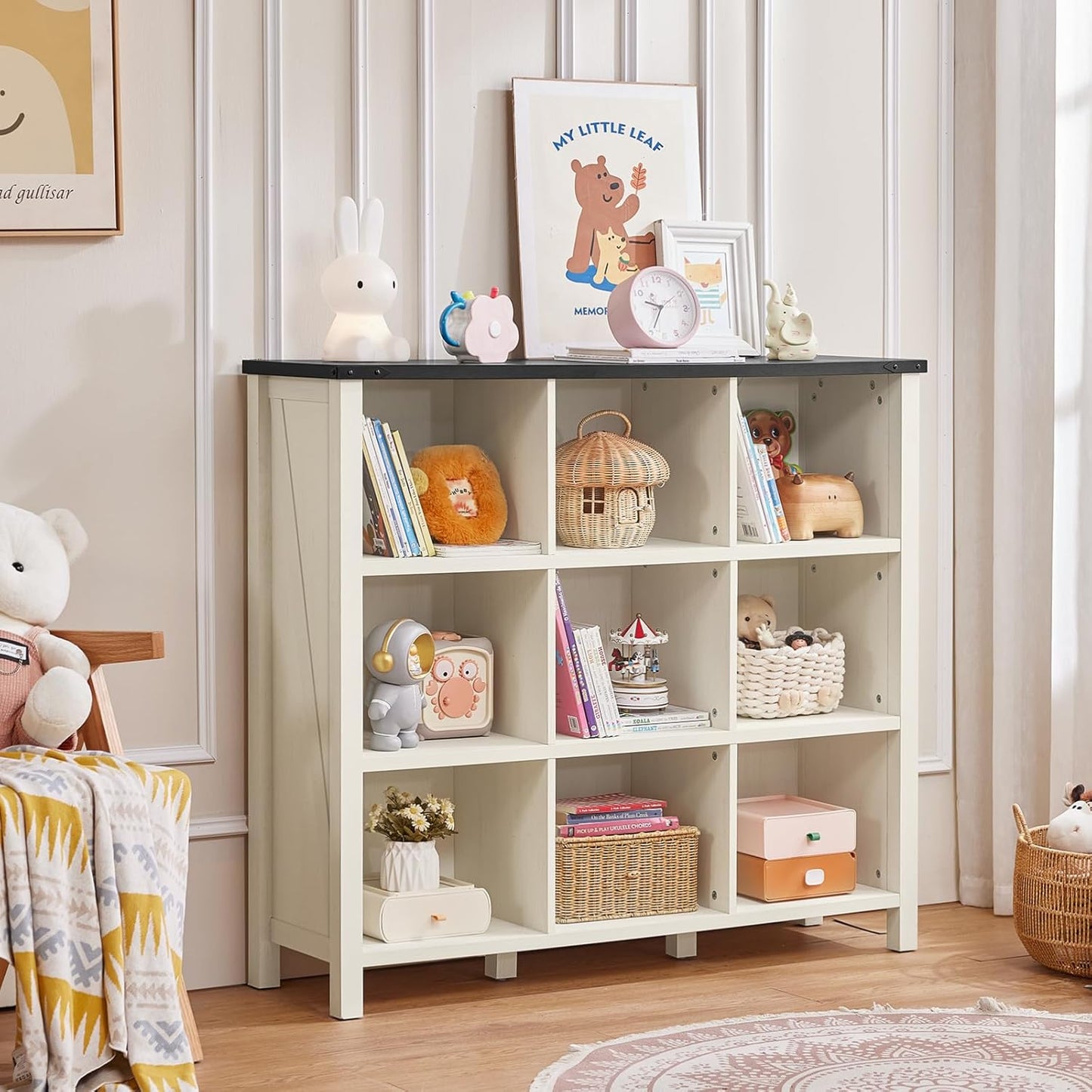 9 Cube Bookcase, Farmhouse 47 Inch Wide White Bookshelf, Wooden 3 Tier Display Large Open Book Shelf, Vintage Horizontal Book Case for Home Office, Cubby Storage Cabinet for Living Room