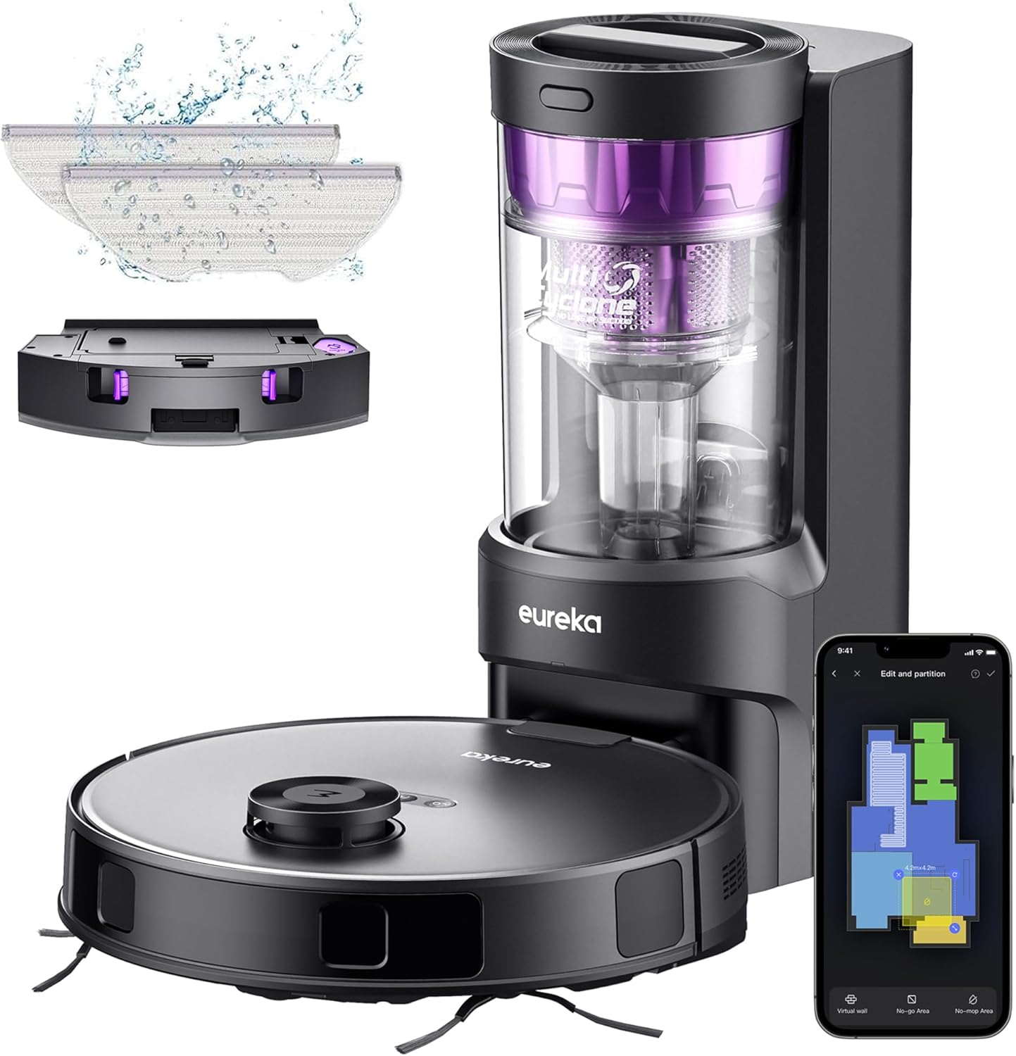 Eureka Robot Vacuum with Bagless Self Emptying Station, 2 in 1 Robotic Vacuum and Mop Combo, 60-Day Capacity, 4000Pa Suction, Auto Lifting Mop, LiDAR Navigation,NER E10s