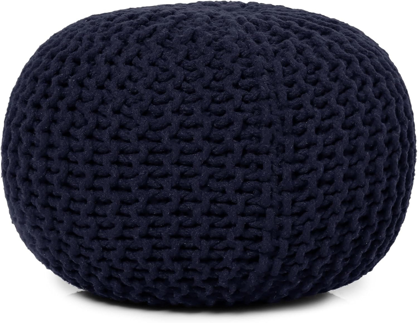 REDEARTH Round Pouf Foot Stool Bean Bag Ottoman - Cable Knitted Cord Boho Pouffe - Poof Accent Bean Bag - Handmade by Artisans for Living Room - Bedroom (19.5"x19.5"x14") - Navy Blue