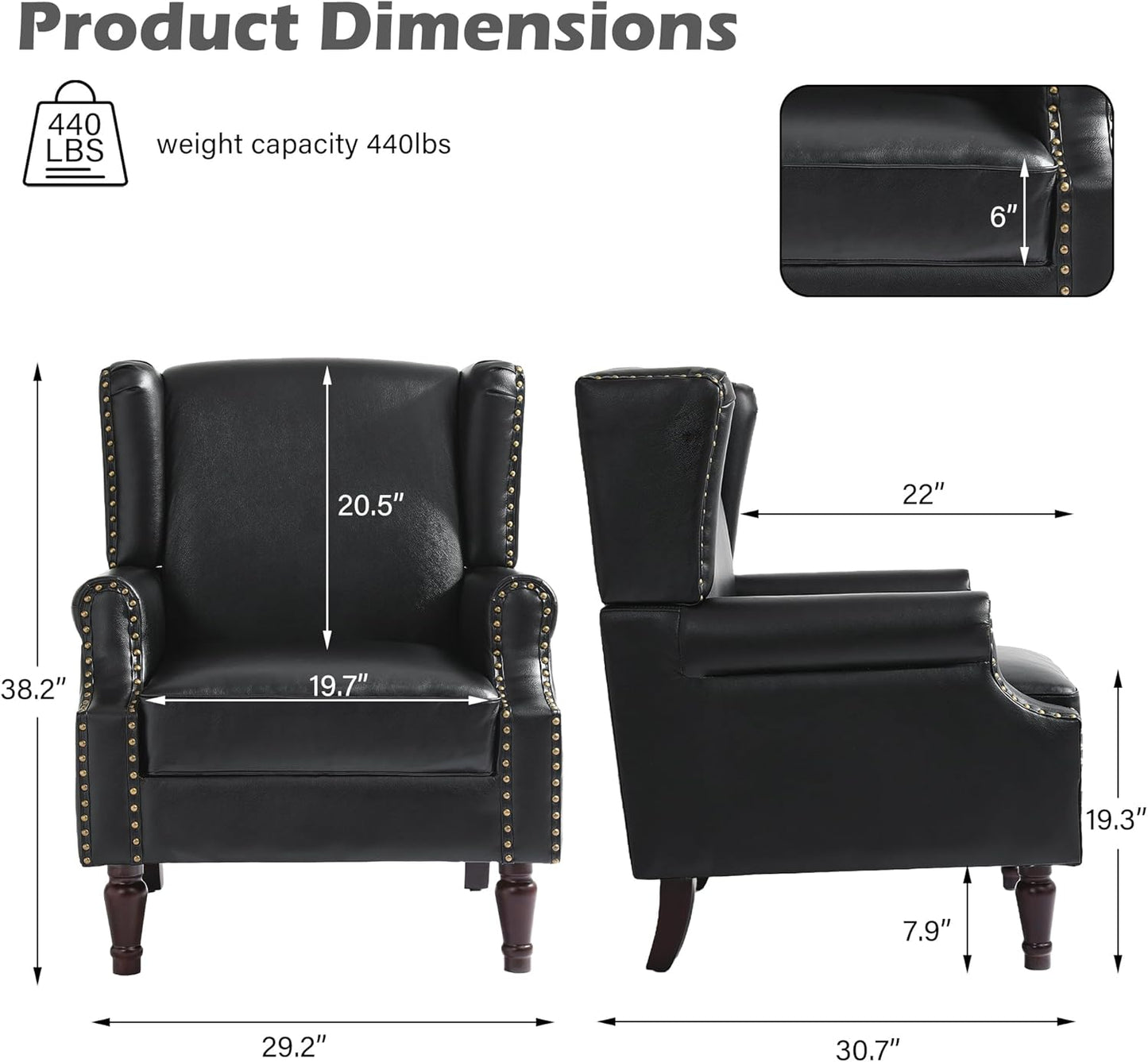 UIXE PU Leather High Back Accent Chair, Upholstered Armchair for Living Room, Retro Wingback Arm Chair Nailhead Trim Single Sofa Bedroom Reading Seat with Solid Wood Legs - Black