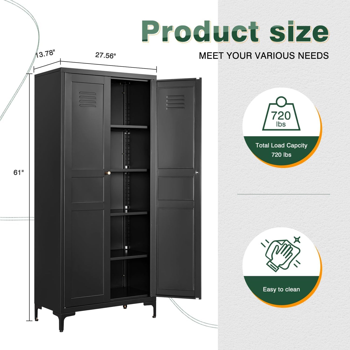 Letaya Black Storage Cabinet with Feets-Metal Home Kitchen Pantry Cabinets with Doors and Adjustable Shelves,Organization Locker for Cupboard/Bedroom/Dining/Living/Bathroom/Office/Garage Room (Black)