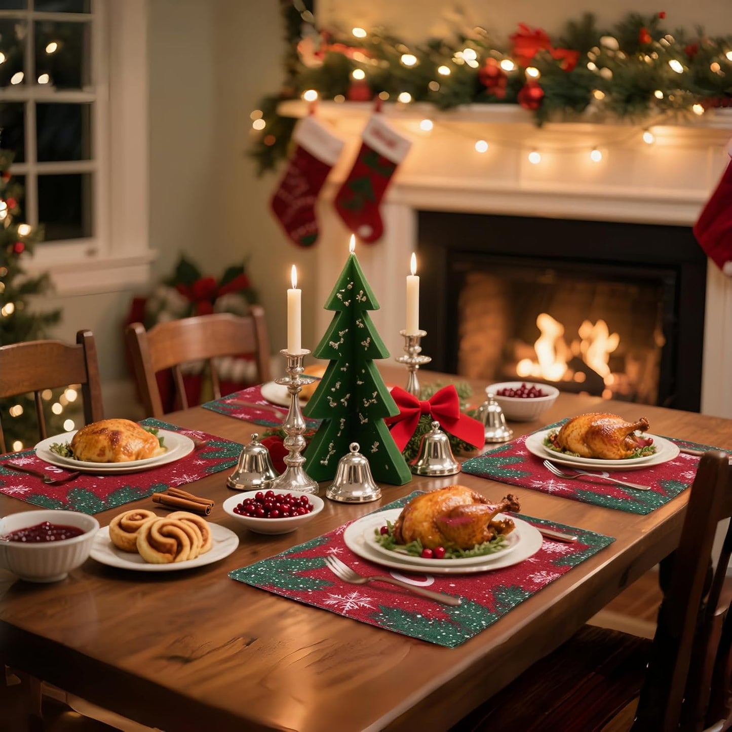 MANSPHIL Red Christmas Placemats Set of 4 - Farmhouse Snowflake Cotton Faux Linen Cloth Table Place Mats Heat Resistant Washable for Dining Kitchen - 13x19 Inch