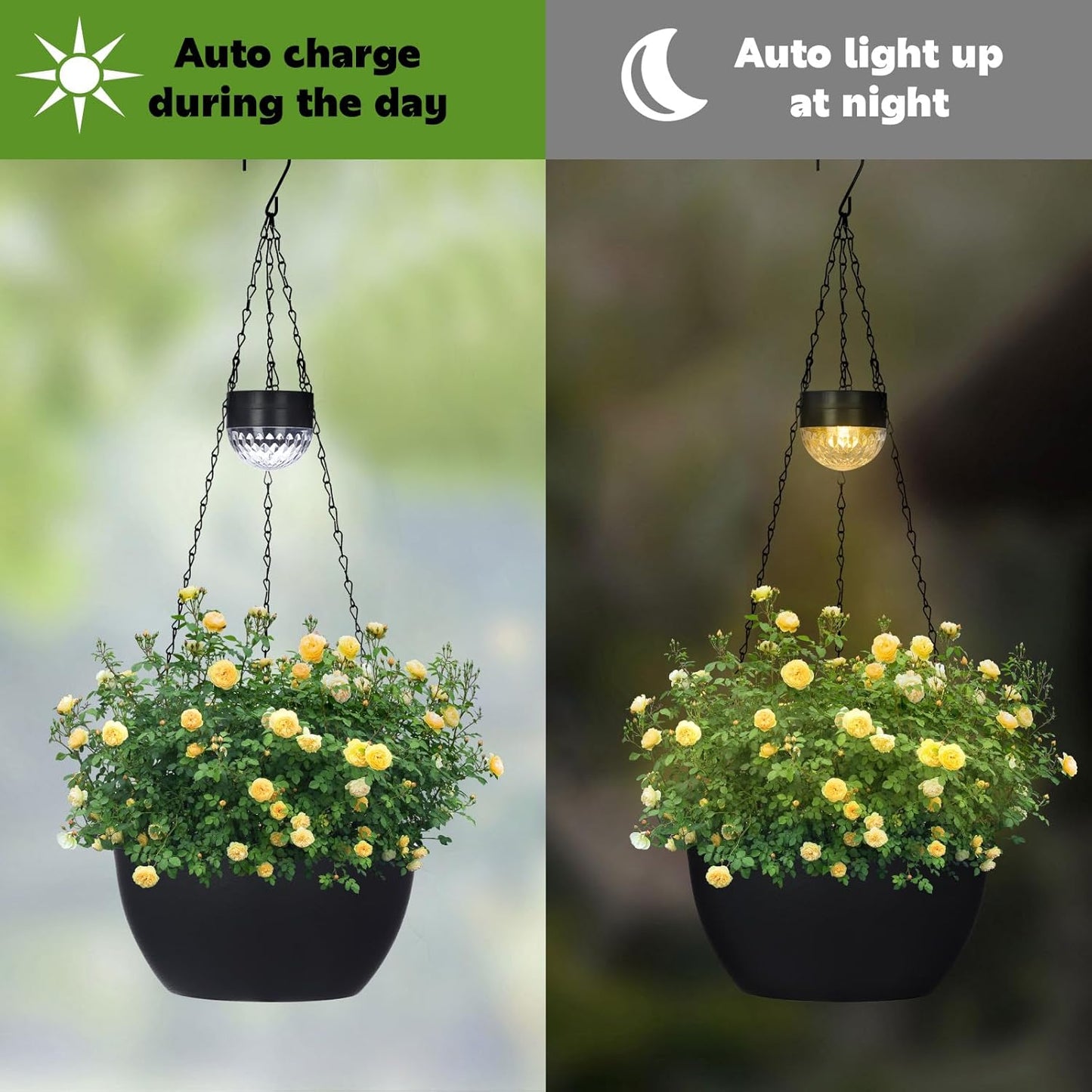 2 Packs Solar Hanging Basket Planters for Plants Outdoor, Self Watering Black Flower Plants Pots with Solar Light Drainer for Balcony Patio Garden Outdoor Decoration