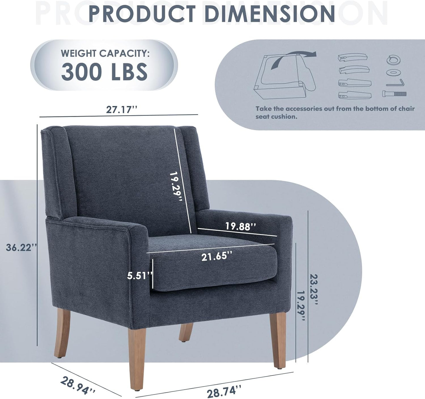 COLAMY Modern Wingback Living Room Chair, Upholstered Fabric Accent Armchair, Single Sofa Chair with Lounge Seat and Wood Legs for Bedroom/Office/Reading Spaces, Blue