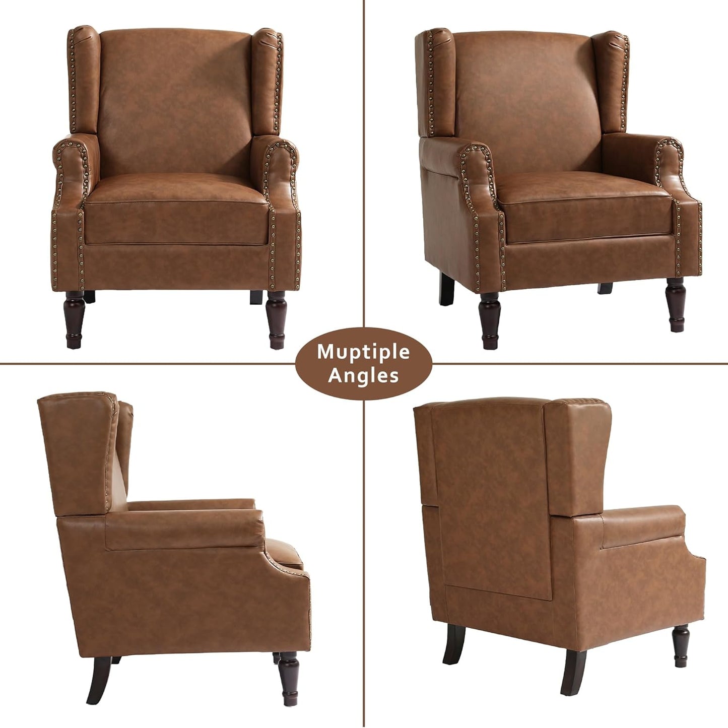 Accent Chair, Faux Leather High Back Armchair or Living Room, Comfy Upholstered Single Sofa Reading Chair with Solid Wood Legs for Office, Bedroom, Waiting Room-Brown