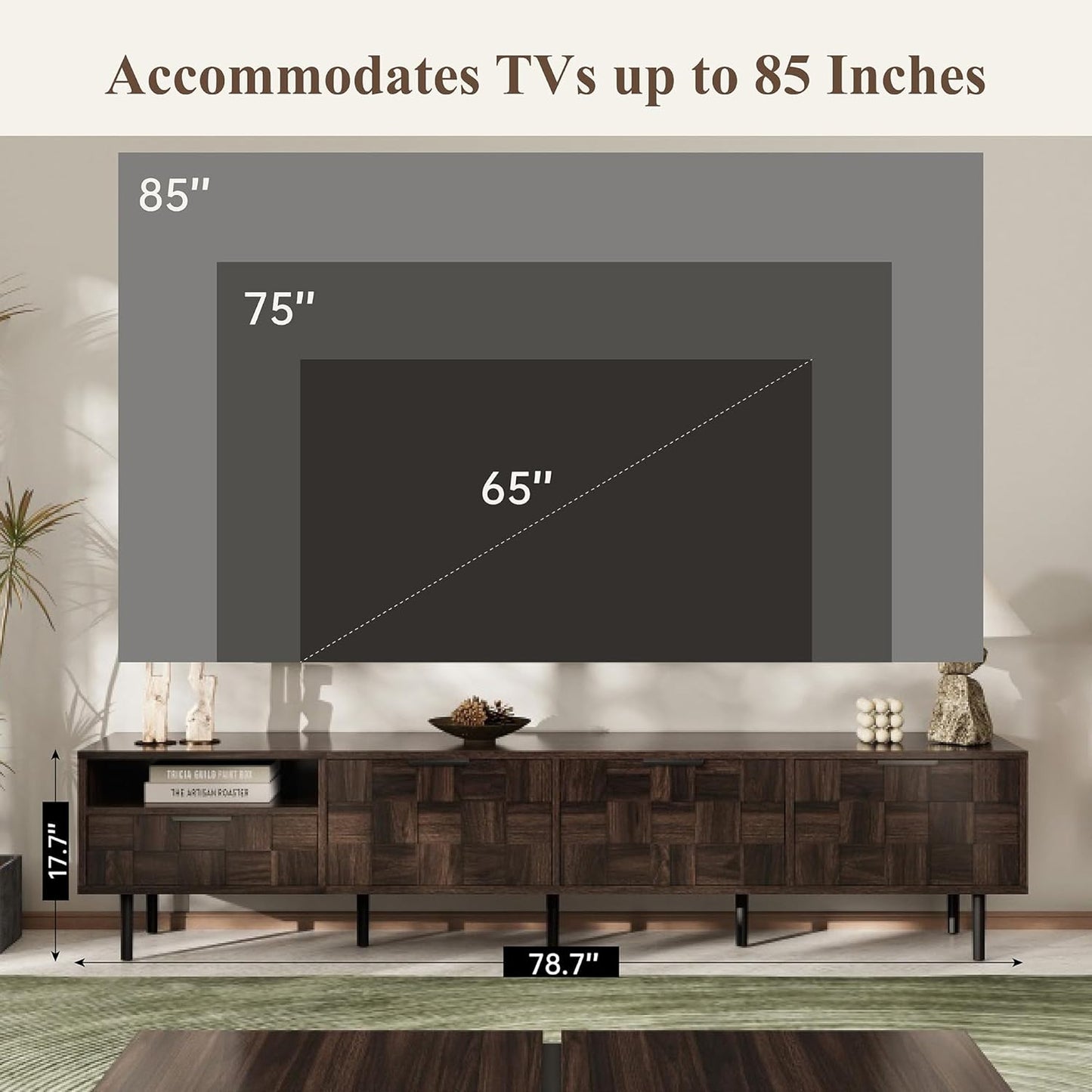 Modern TV Stand for TVs up to 85", Mid-Century Media Console with Checkered Cabinet Doors, Storage Drawers & Open Shelves, Wood Entertainment Center with Metal Legs