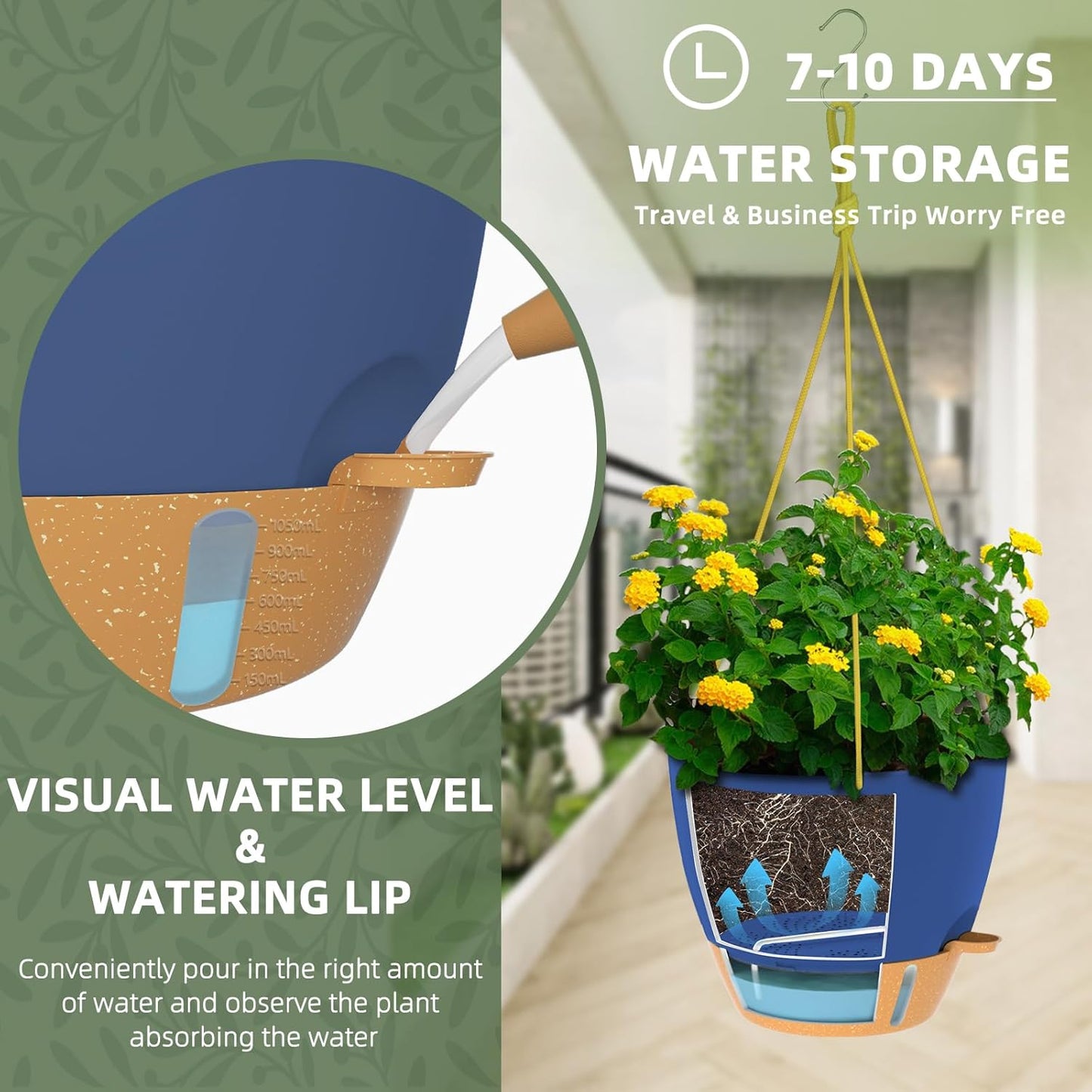 ZMTECH 10 Inch Hanging Planters for Indoor Outdoor Plants, 2 Pack Self Watering Hanging Plant Pots with Drainage Holes and Removable Saucer, Plastic Flower Hanging Pots with Watering Lip (Blue)