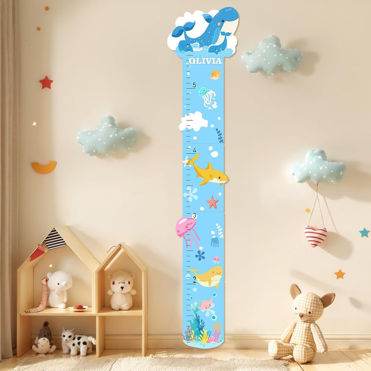 Personalized Name Growth Chart, Marine Animals Wooden Growth Chart for Kids, Height Chart for Boys Girls, Measuring Board for Kids Height for Child's Room, Nursery Decor Decoration