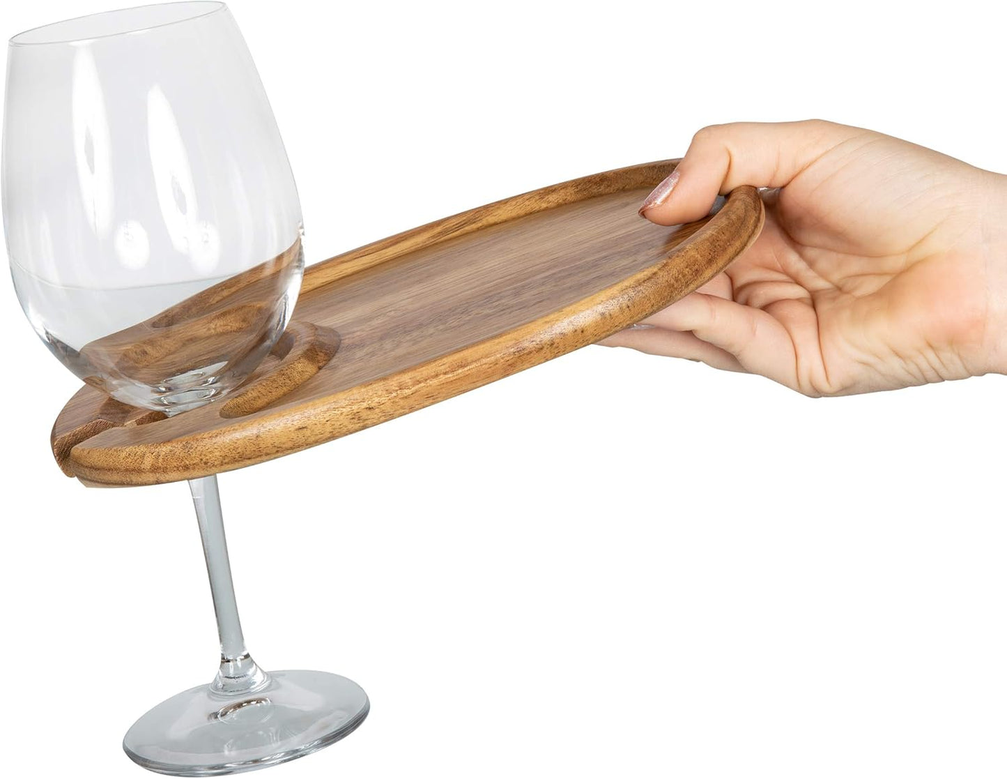 PICNIC TIME TOSCANA -Wine Appetizer Plates, Cocktail Plate with Glass Holder, Cheese Board with Wine Holder, (Acacia Wood), 9 x 6, Set of 4