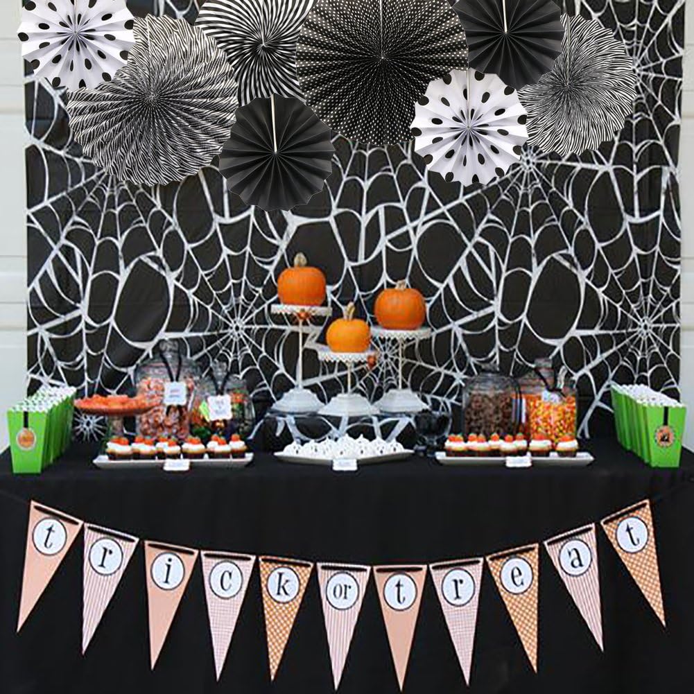 Party Hanging Paper Fans Set, Black Round Pattern Paper Garlands Decoration for Birthday Wedding Graduation Events Accessories, Set of 6