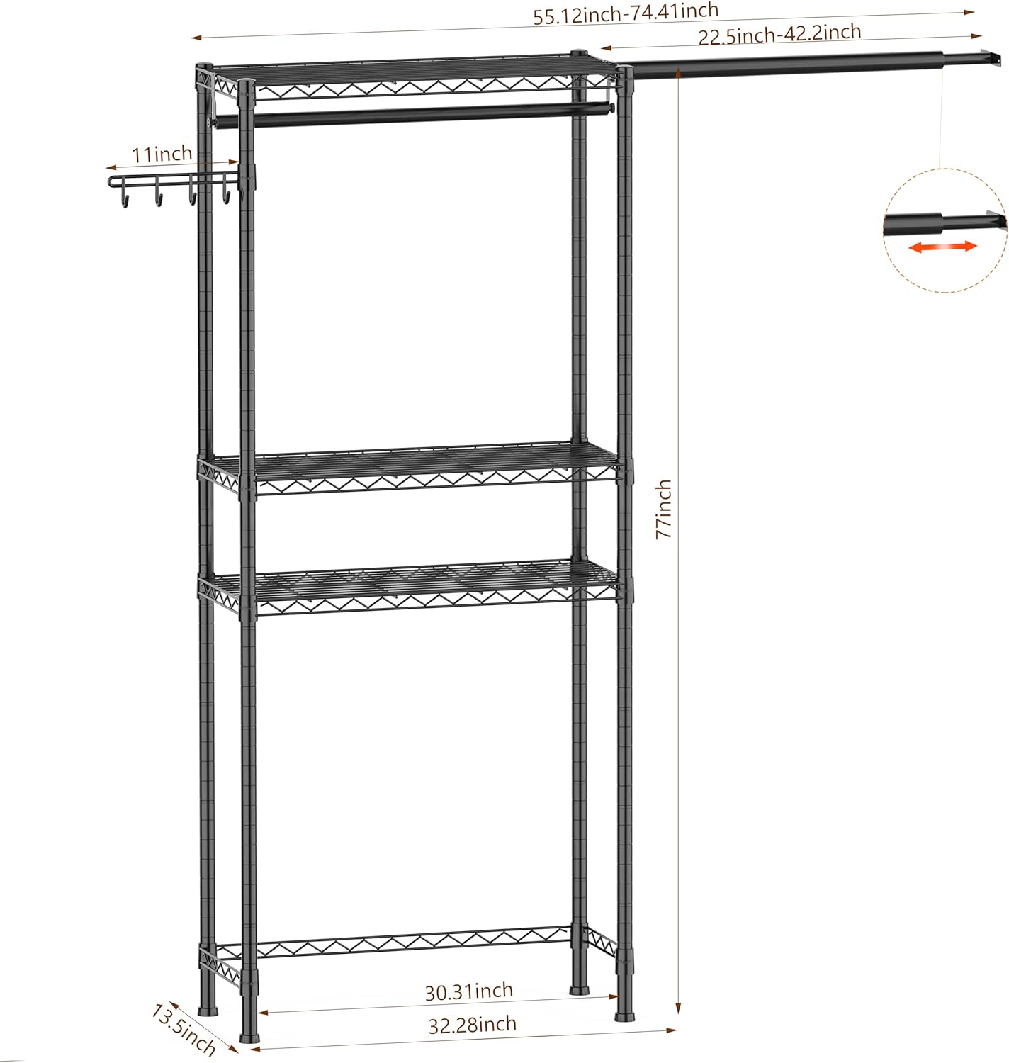 Over Washer and Dryer Shelves,3 Tier Adjustable Wire Shelving Laundry Room Storage Organization Clothes Drying Rack with Mounted on the Wall Expandable Hanger Rods&Hook,55"~74.5"Wx13.4"Dx77"H