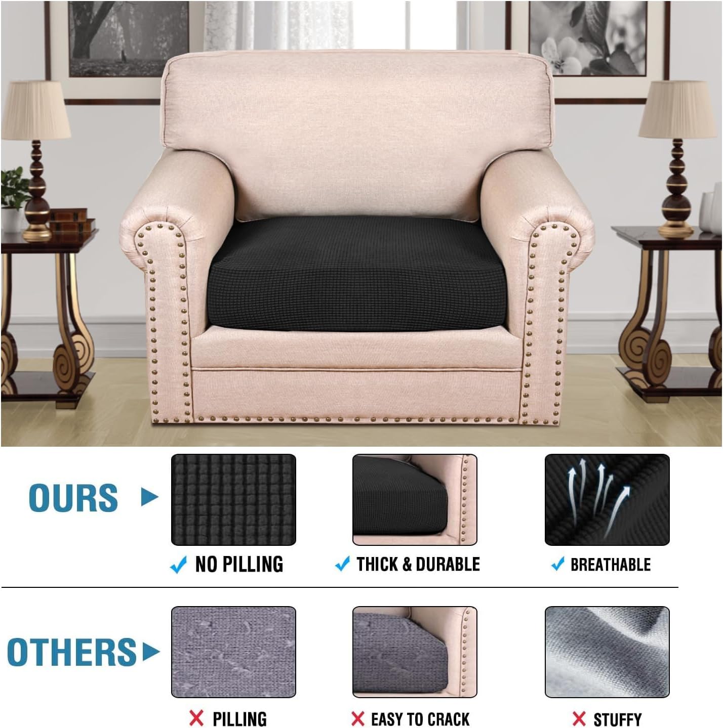 H.VERSAILTEX Super Stretch Individual Seat Cushion Covers Sofa Covers Couch Cushion Covers Slipcover Sets Thick Jacquard Textured Twill Fabric (1 Piece Chair Cushion Cover, Black)