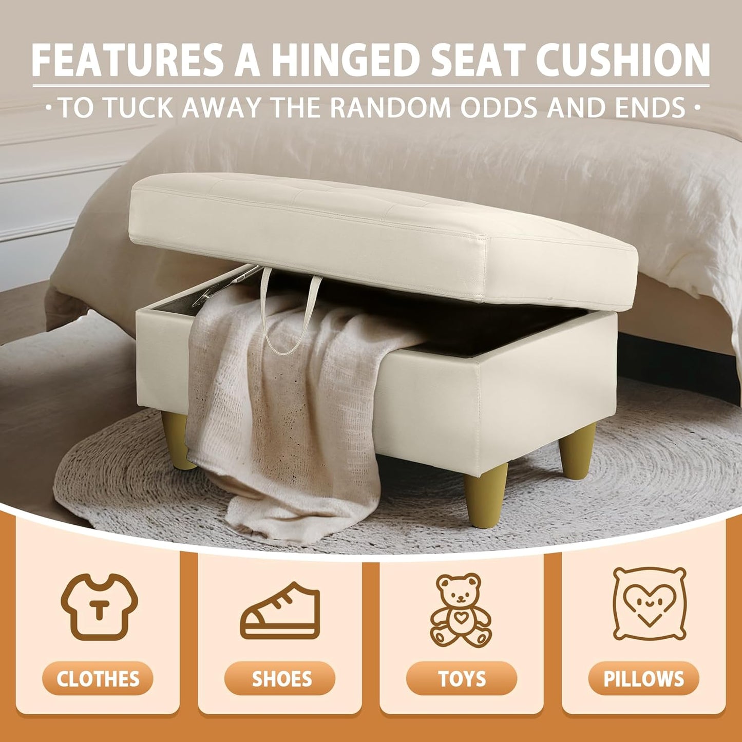 Ottoman Rectangular Storage Ottoman Bench, Faux Leather Footrest, Coffee Table, Stool Footstool with Hinged Lid for Living Room, Bedroom, Entryway, White, 35"x23.5"x17.5"