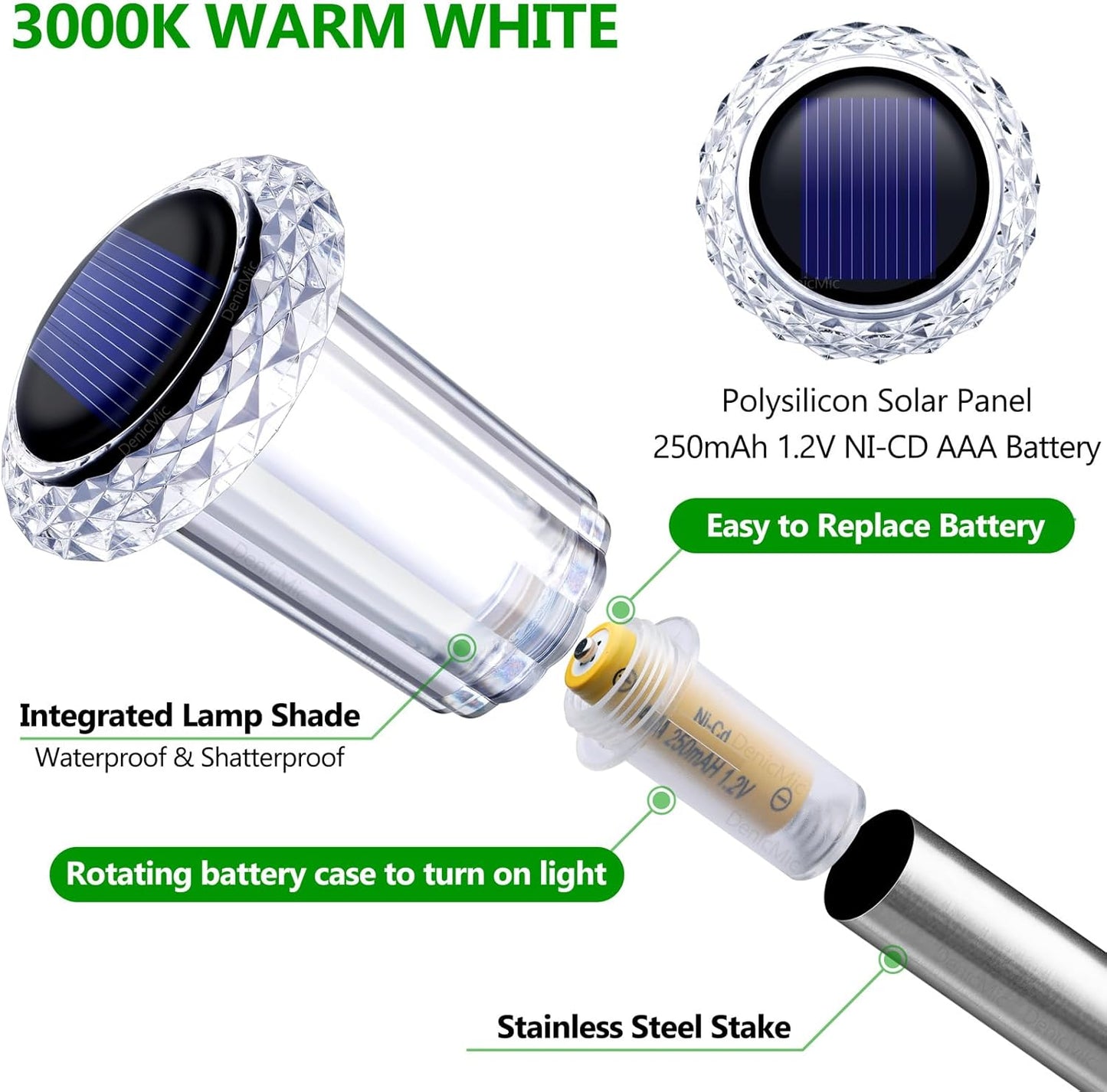 DenicMic Solar Lights Outdoor 10 Pack Waterproof 3000K Warm White LED Acrylic lamp Head Stainless Steel Stake for Landscape Lighting Path Walkway Sidewalk Backyard Patio Decor