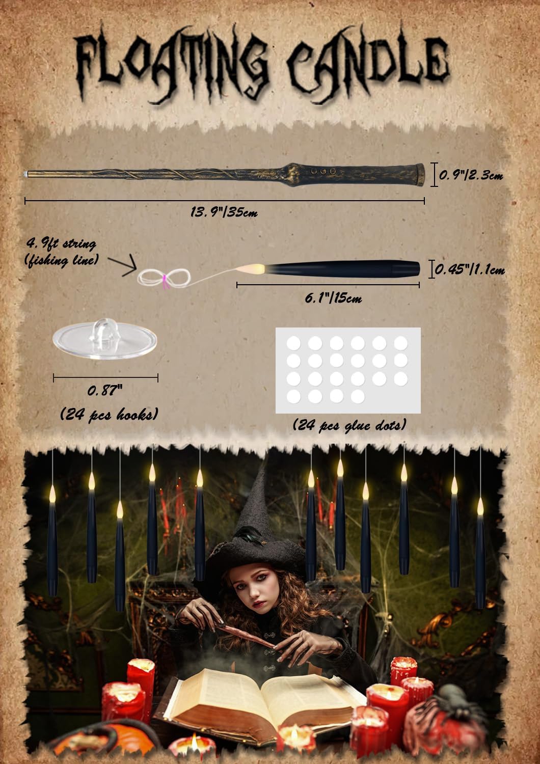 GenSwin 22pcs Flameless Floating Candle with Magic Wand Remote Timer, Battery Operated Hanging Window Candles Flickering, 6.1" LED Electric Candles for Christmas Halloween Decorations(Black)