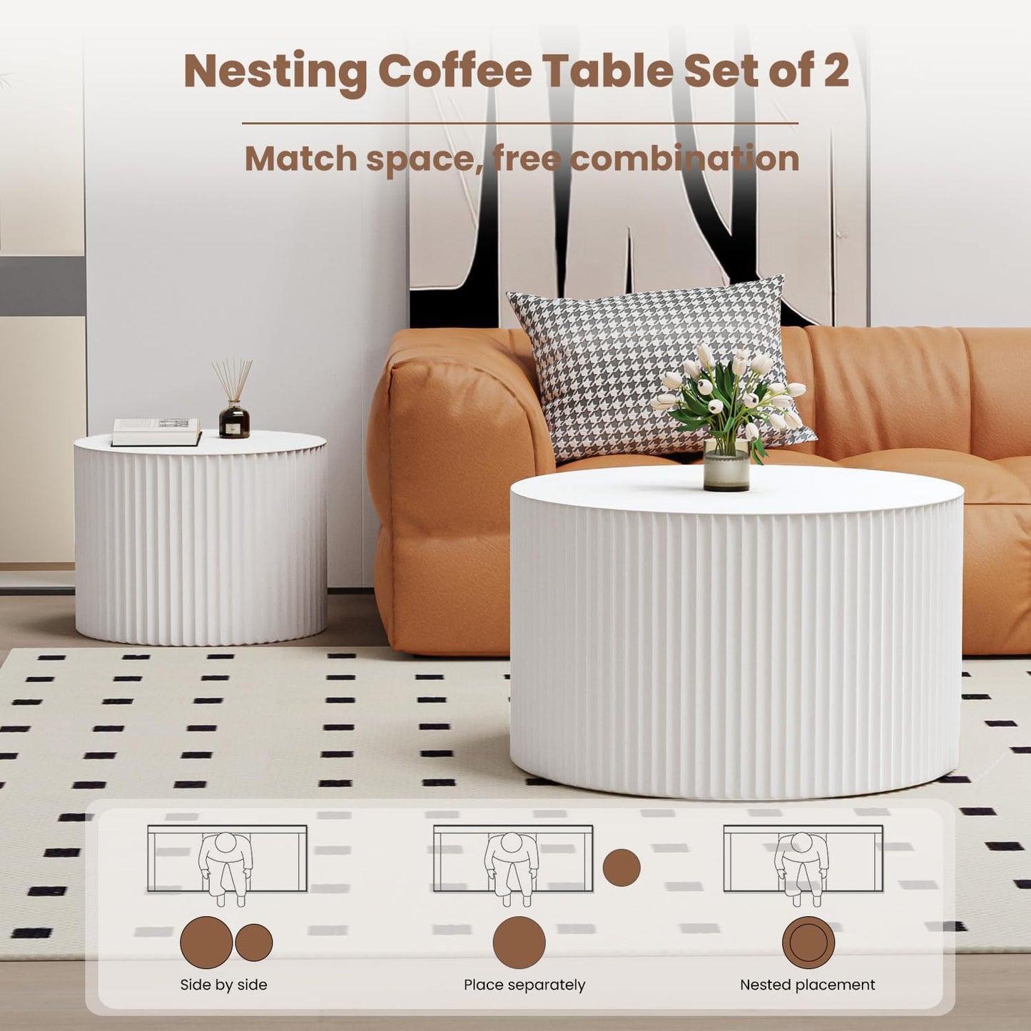 Round Nesting Coffee Table Wood Drum Nesting Tables Modern Stacking Coffee Table Set of 2 Fluted Center Table End Table for Living Room Home Office Small Spaces, No Assembling (Beige Large)