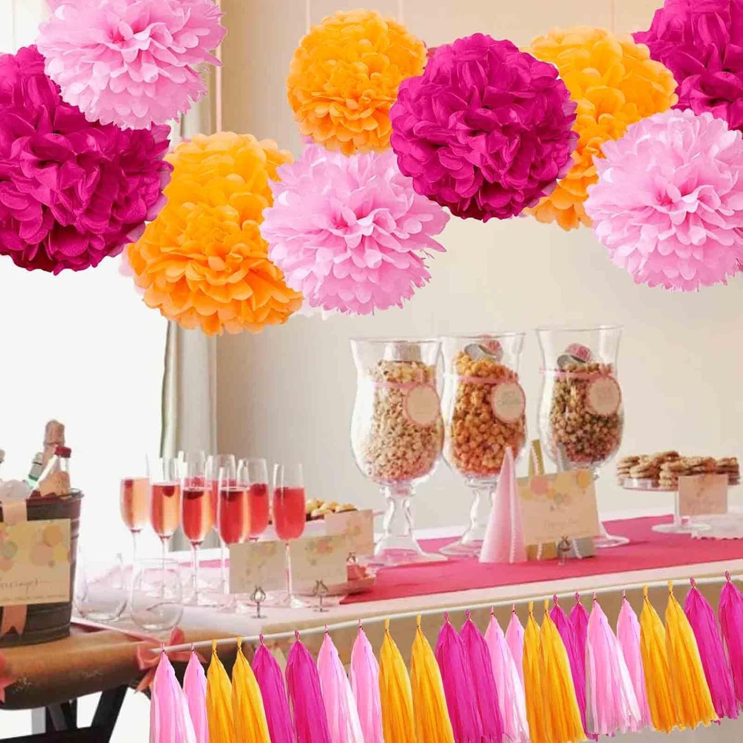 Pink and Orange Paper Tissue Tassel Garland Banner for Pink and Orange Decorations,Rose red Pink and Orange,15 Pcs