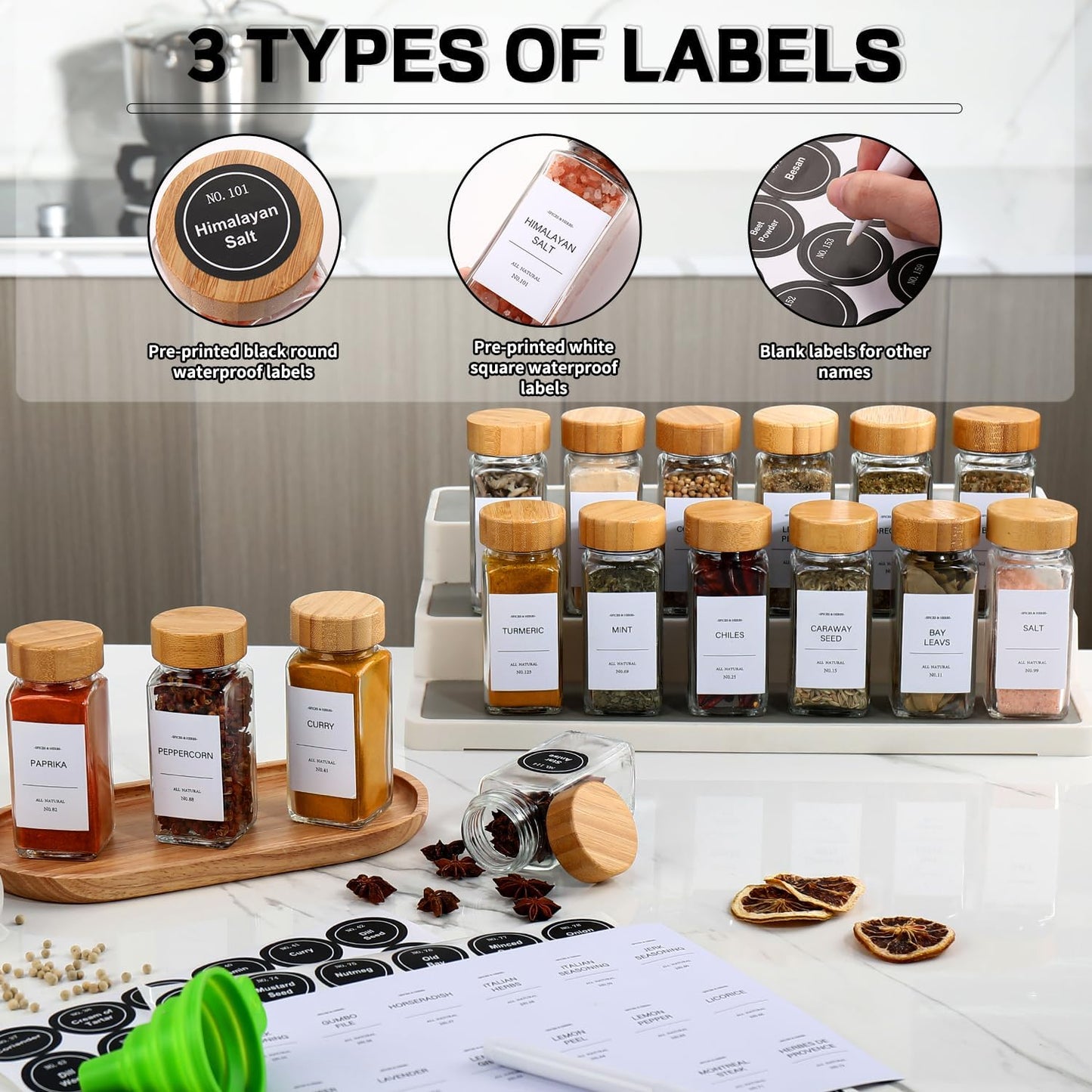 DIMBRAH Spice Jars with Label 24Pcs,Seasoning Containers,Glass Spice Jars with Bamboo Lids,Kitchen Essentials,Spices Container Set,Kitchen Set,Seasoning Organizer,Spice Rack Organizer for Cabinet