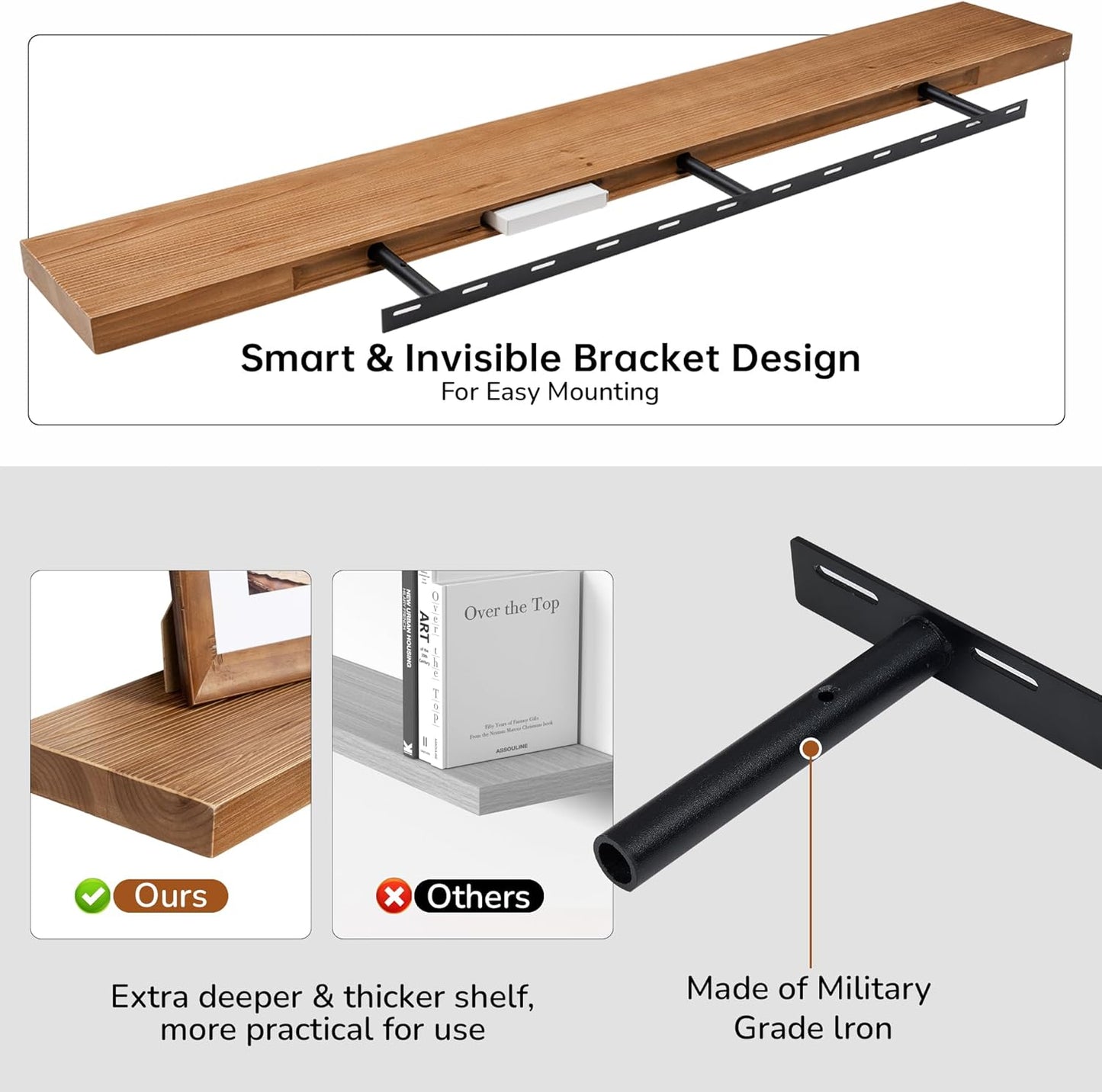 Floating Shelves for Wall, USA-Sourced Fir Wood 55 Inch Wall Shelves Set of 1, Natural Rustic Solid Wooden Floating Shelves Wall Mounted, Nursery Book Storage Shelf, Display Shelf for Bathroom