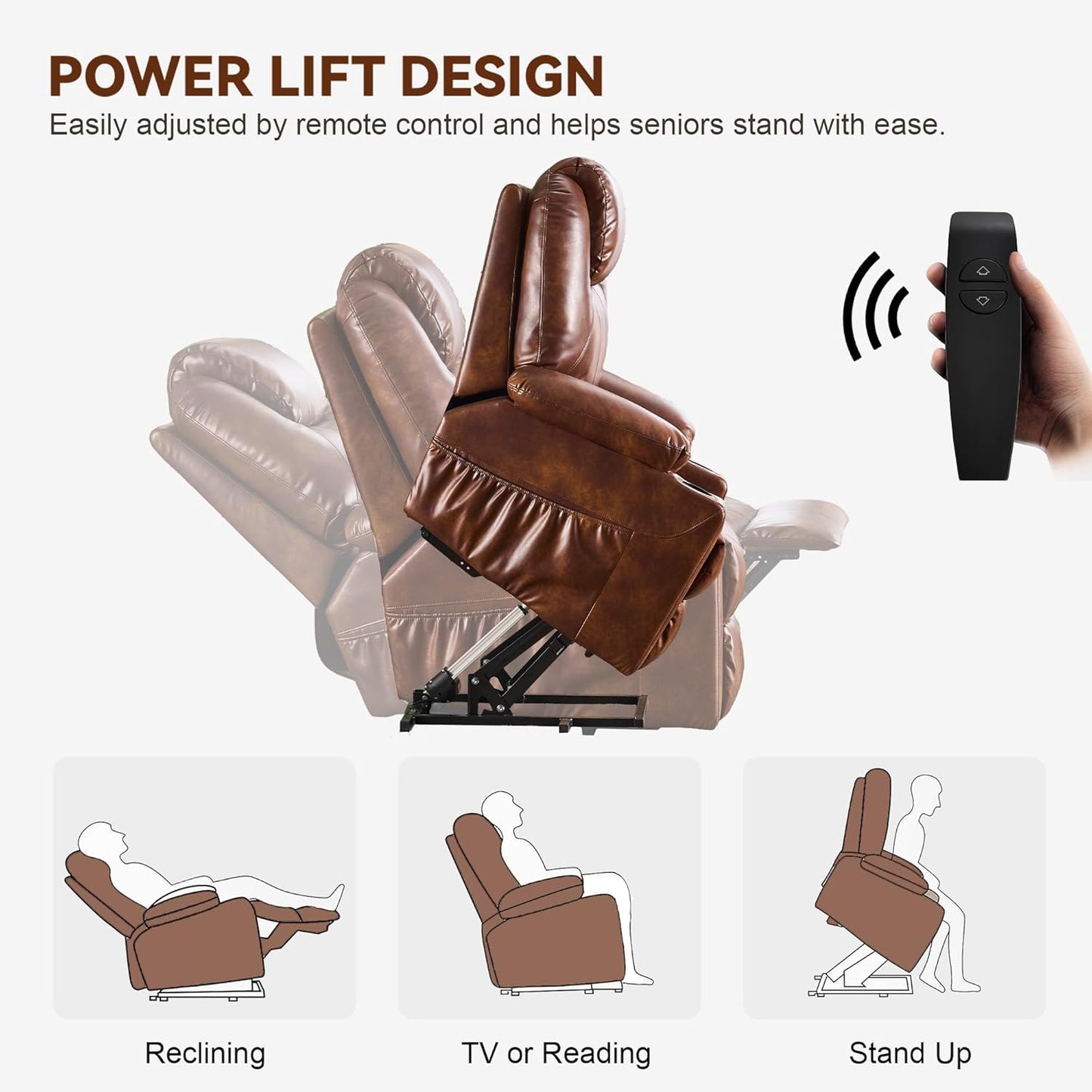 SALOHZA Power Lift Recliner Chair for Elderly with Massage and Heat for Living Room, Electric Recliner Chair for Adults with USB/Type C Port/Cup Holders, PU Faux Leather, Light Brown