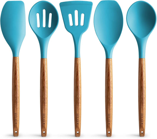 Zulay Kitchen Non-Stick Cooking Utensils Set with Authentic Acacia Wood Handles – 5-Piece Durable & Stylish Silicone Kitchen Utensils Set – Heat Resistant to 464°F – Blue