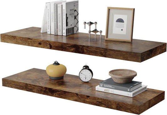 Large Floating Shelves for Wall Set of 2 Wooden Wall Shelves 24 in x 12.75 in x 2 in Room Decor Long Shelf with Invisible Wall Mount Bracket for Bedroom Kitchen Living Room Rustic Brown