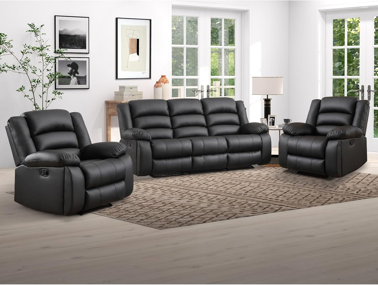 EBELLO Faux Leather Manual Recliner Sofa Set, 2 Recliner Chair, 3 Seat Reclining Sofa, Couch Set for Living Room, Bedroom, Meeting Room, Black (2Recliner+Sofa)