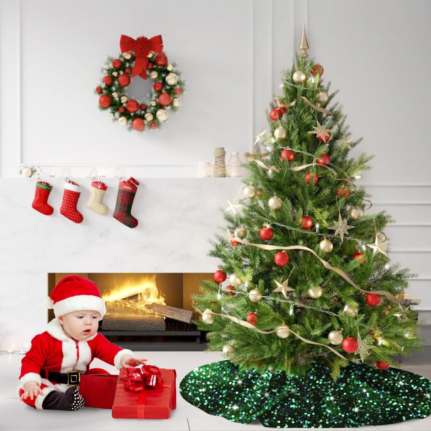 MODFUNS Green Christmas Tree Skirt Black 46 Inches Mermaid Sequin Tree Skirts Thick Velvet Tree Mat Artificial Glitter Tree Cover Skirt for 6FT Tree Shimmer Rustic Tree Skirt Fabric Decorations