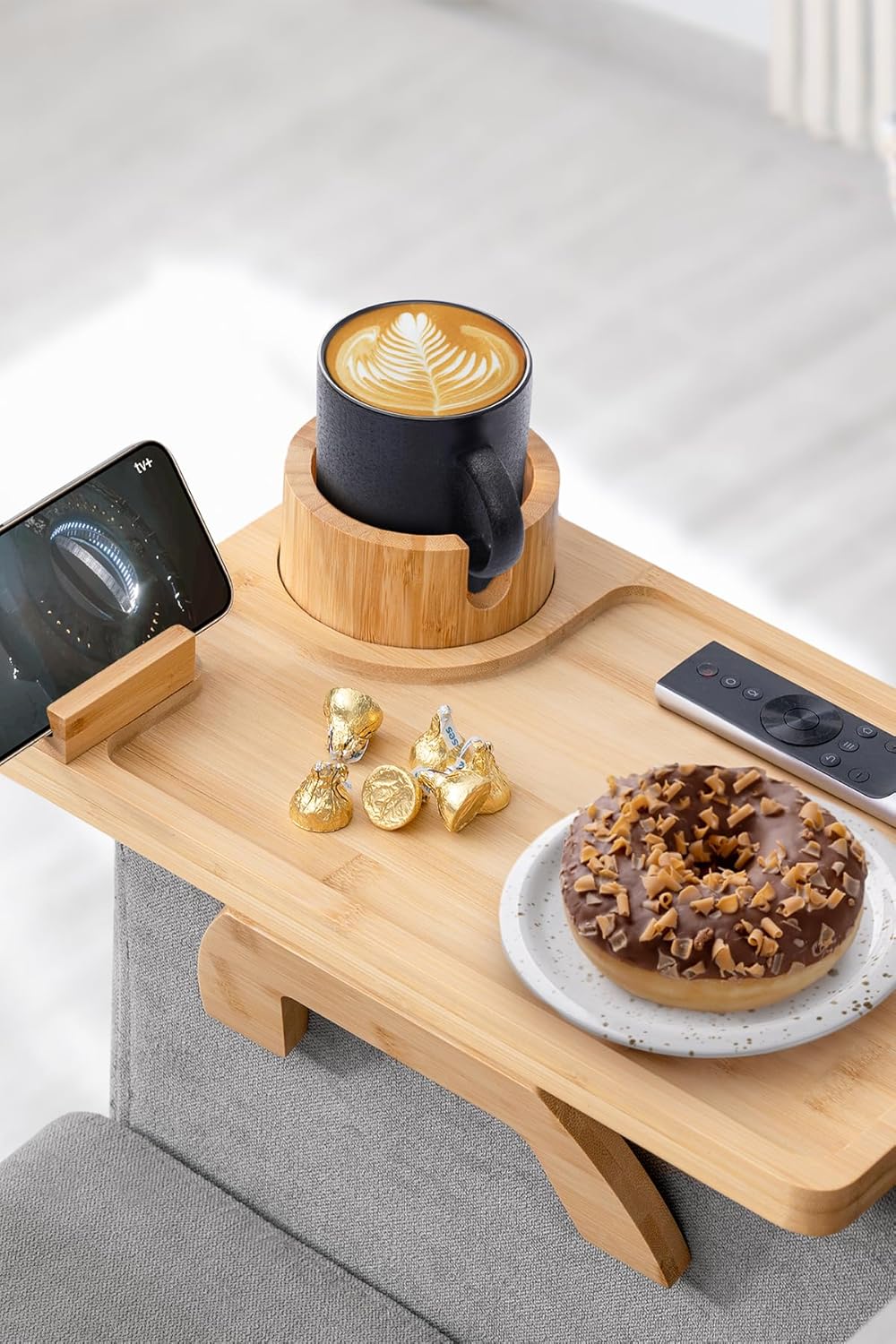 Sofa Arm Tray, Bamboo Large Couch Cup Holder, Portable Anti-Spill Sofa Armrest Tray for Beverage, Snacks, Phone, Remotes