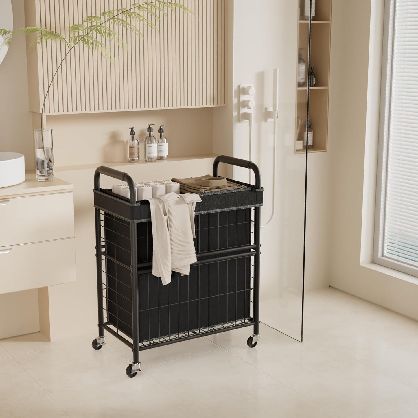 Laundry Hamper 2 Section, 110L Rolling Laundry Sorter Basket with Wheels, 2 Compartment Clothes Organizer Cart, Pull-Out Removable Bags for Laundry Room, Bathroom, Bedroom, Black