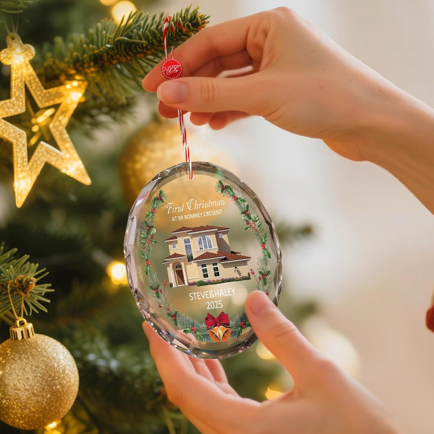 Bemaystar First Christmas in New Home Ornaments 2025–Personalized Crystal Ornament with Photo and Address–Custom Housewarming Gift Keepsake–Christmas Tree Decoration for Couples or Families
