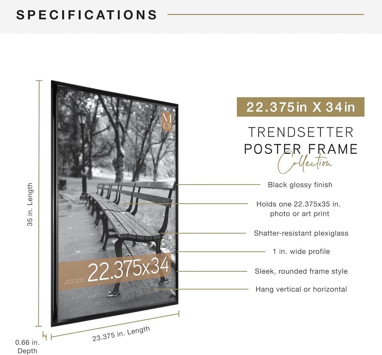 MCS Trendsetter 22.75x34 Poster Frame Black High-Gloss, Vertical & Horizontal Wall Hanging Large Picture Frame for Photos, Posters & Art Prints (1-Pack)
