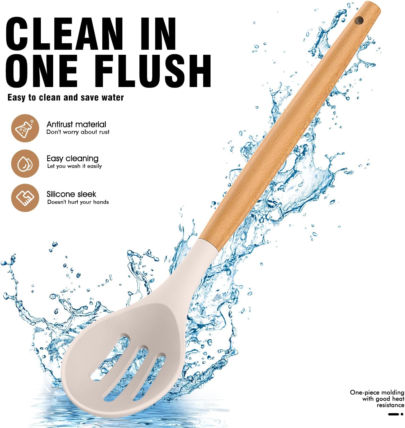 Silicone Cooking Utensils Set - Silicone Kitchen Utensils for Cooking Wooden Handles, 446°F Heat Resistant Kitchen Utensil Spatula Sets w Holder, Gadgets for Non-Stick Cookware BPA FREE (Khaki)