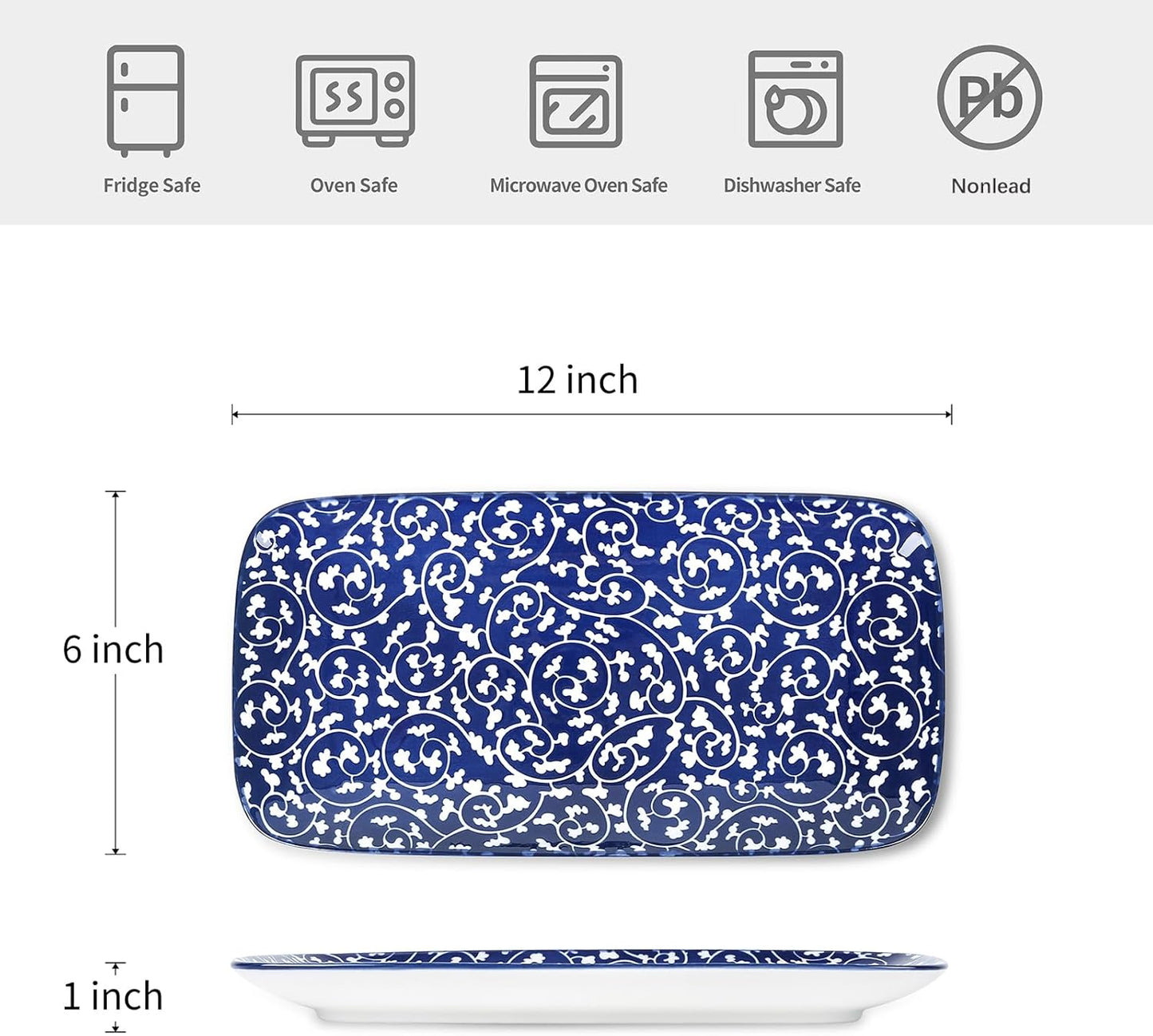 Selamica Ceramic Serving Platters, 12 Inch Serving Trays for Party Entertaining, Large Rectangular Serving Plates for Food, Set of 6, Vintage Blue