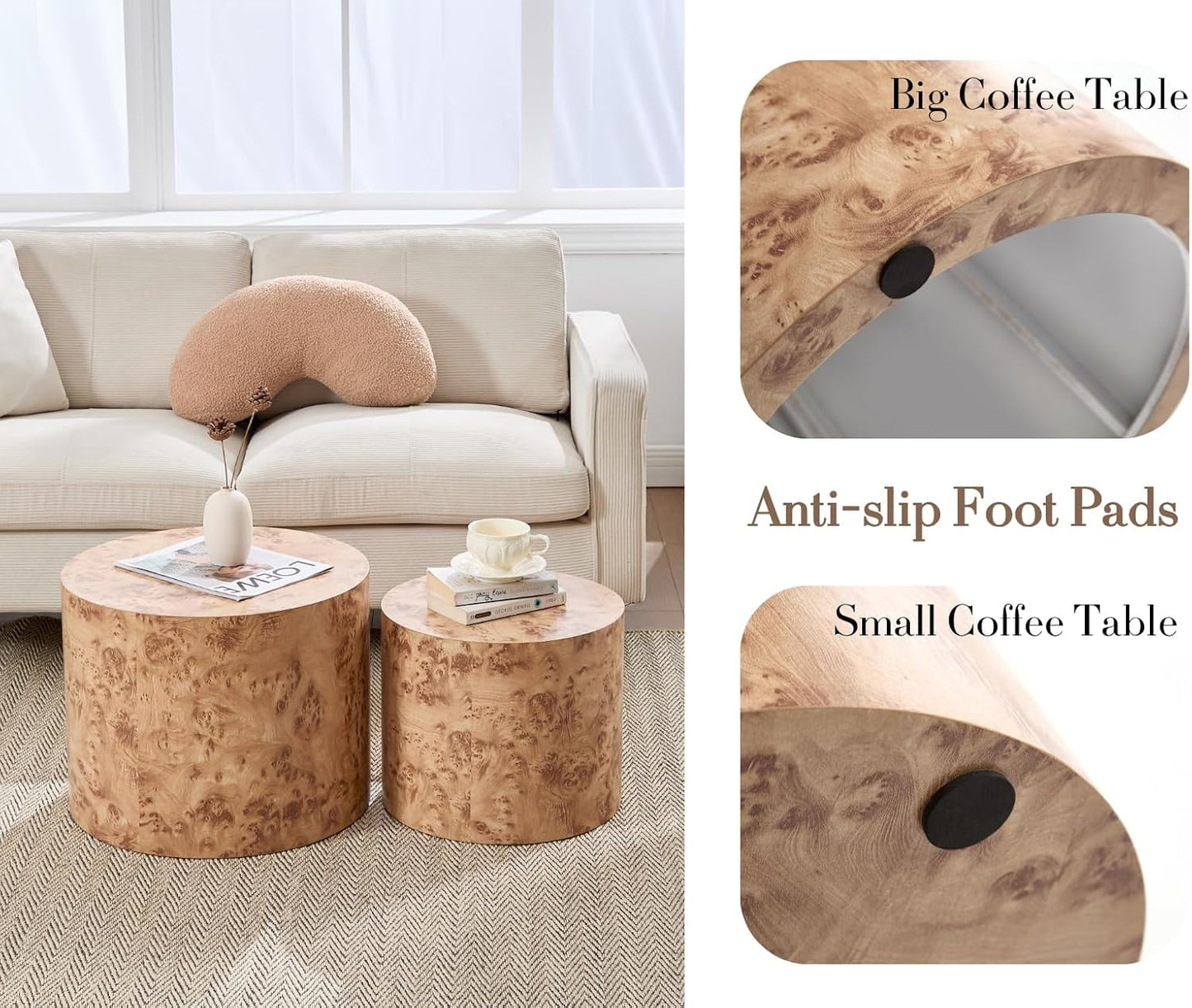 EALSON Nesting Coffee Tables Set of 2 Farmhouse Small Round End Tables Modern Wood Circle Side Table Drum Table for Living Room Small Spaces Bedroom Balcony, No Assembly, Natural Burl