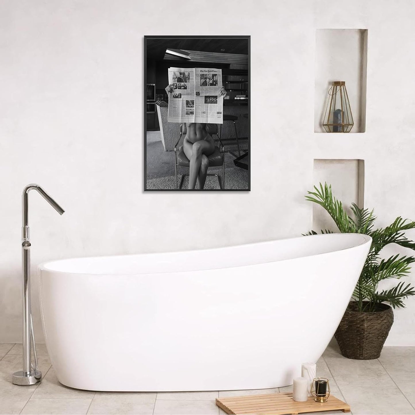 Sexy Glamorous Reader Poster Feminist Art Black and White Preppy Canvas wall art Retro Room Aesthetic Newspaper prints painting Trendy Naked Women Art wall decor 12x16in Framed