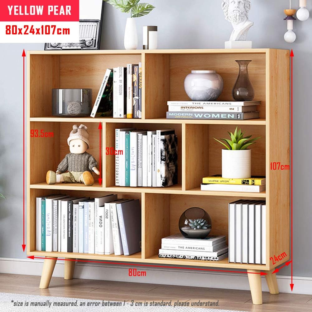 IOTXY Wooden Open Shelf Bookcase - 3-Tier Floor Standing Display Cabinet Rack with Legs, 7 Cubes Bookshelf, Pear Yellow