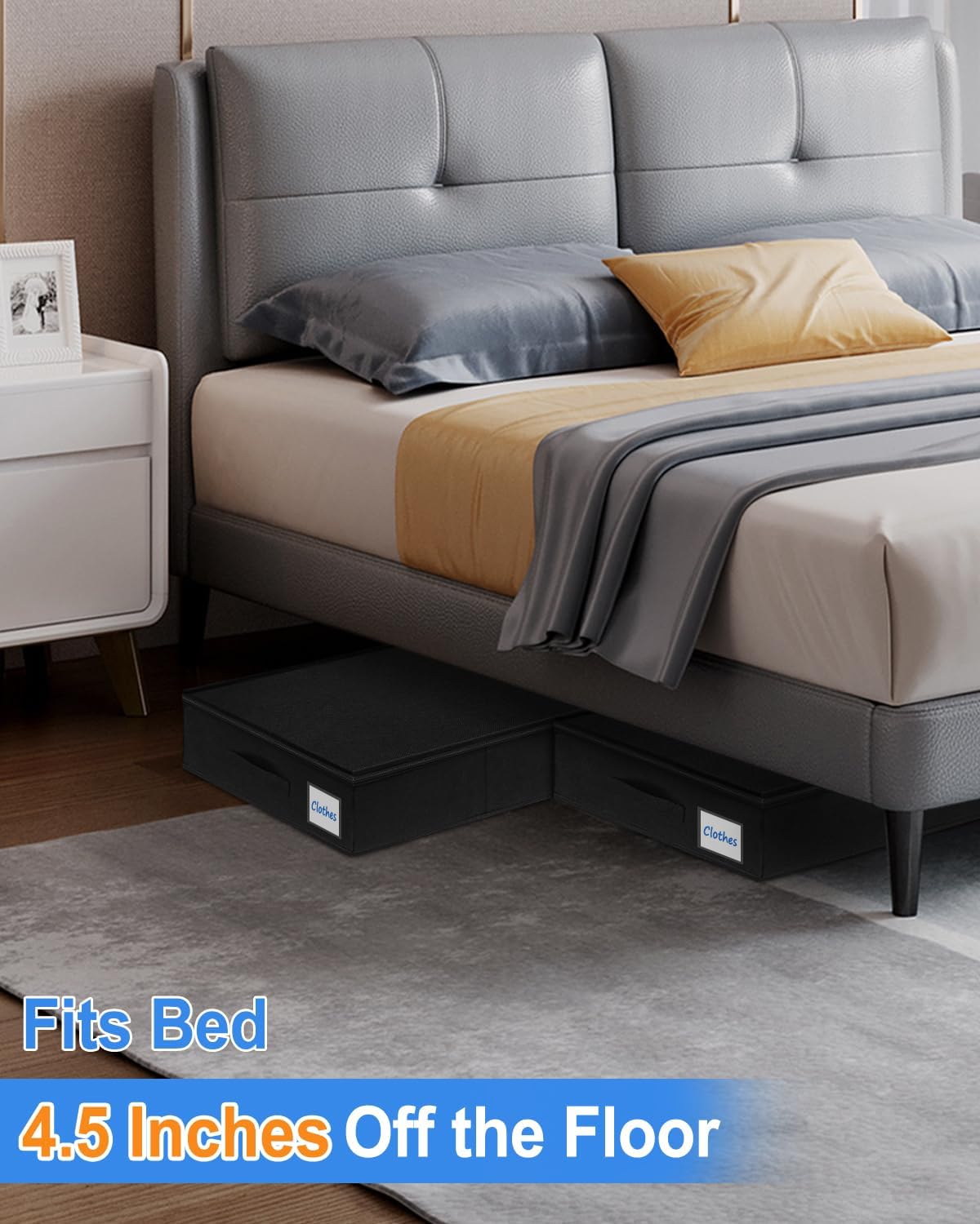 Under Bed Storage Containers, Low Profile Underbed Zipper Storage Bin 4.5 Inches Tall, Shallow Under Bed Storage with Sturdy Side & Bottom Support, Linen Storage with Lid for Sofa and Dorm, 4Pcs Black