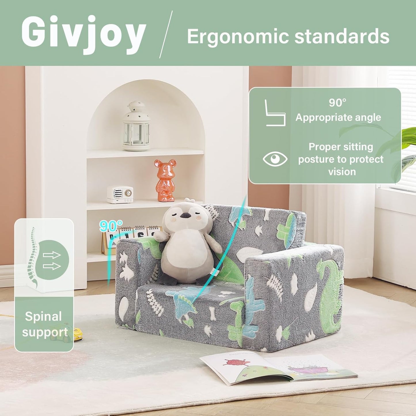 Toddler Chair Kids Couch, 2-in-1 Toddler Soft Sherpa Couch Fold Out Armchair with Removable Cover, Convertible Reading Chair Toddler Sofa for Kids, Glow in The Dark Plush Grey Dinosaur