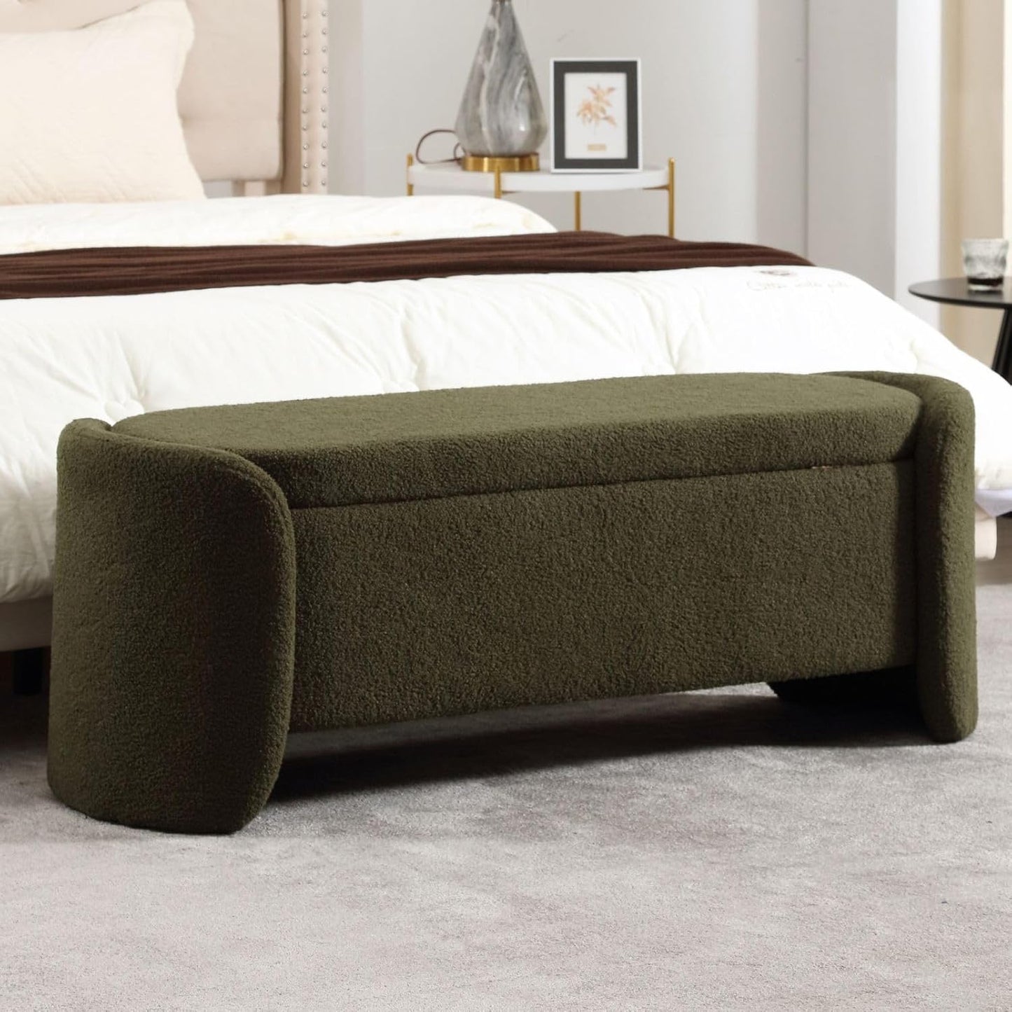 ROCTY Green Boucle Storage Bench - 50" Sherpa End of Bed Ottoman with Seating and Storage for Bedroom, Entryway, Living Room, Vanity or Makeup Room - Teddy Fabric
