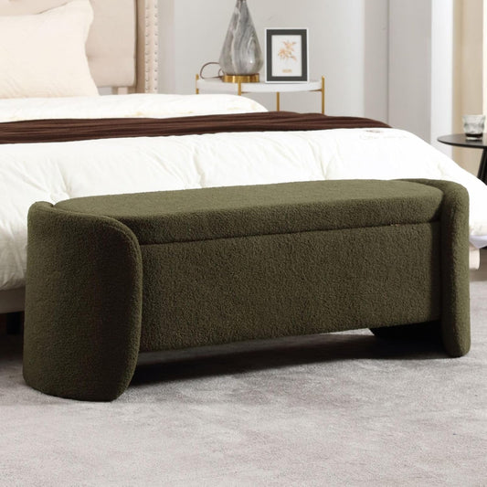 ROCTY Green Boucle Storage Bench - 50" Sherpa End of Bed Ottoman with Seating and Storage for Bedroom, Entryway, Living Room, Vanity or Makeup Room - Teddy Fabric