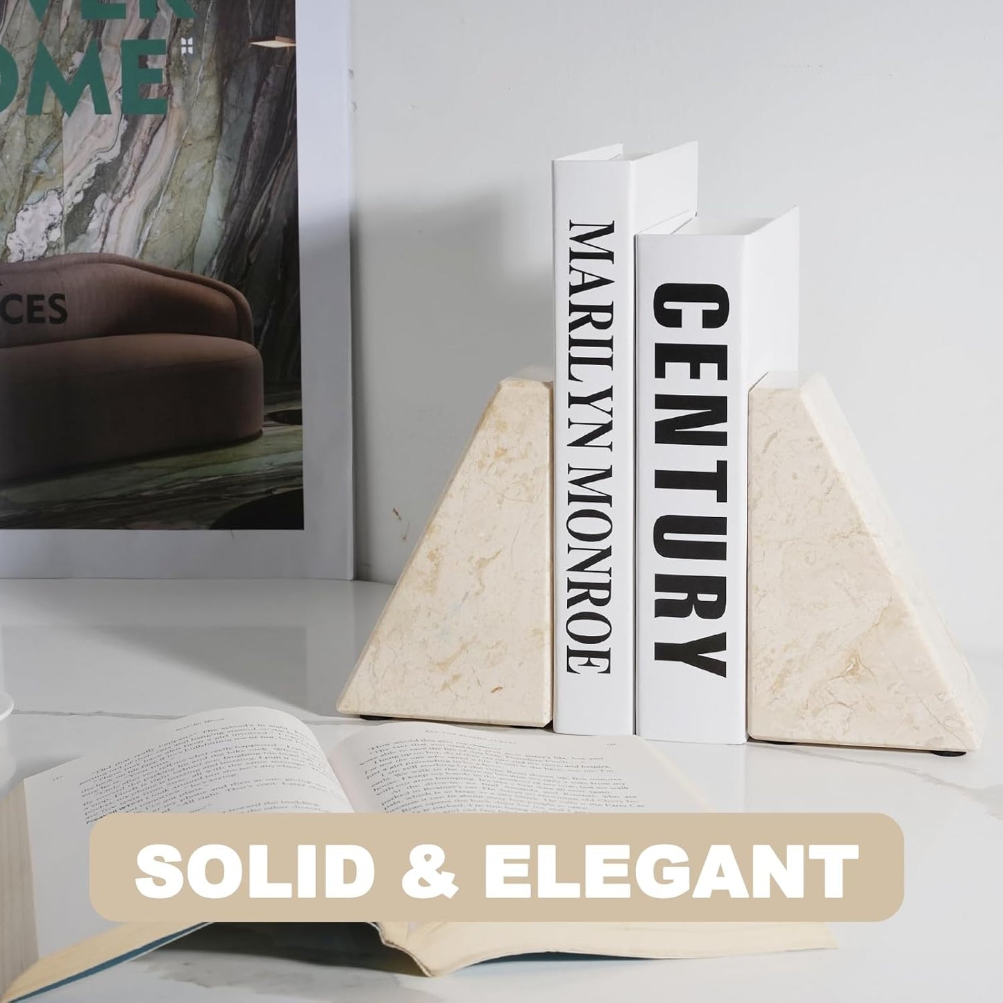 Marble Book Ends Decorative, Unique Bookends for Shelves, Bookends to Hold Heavy Books, Durable Book Holder Stopper for Home Office Desk Bookshelf Decoration, Turkey Natural Marble, Set of 2