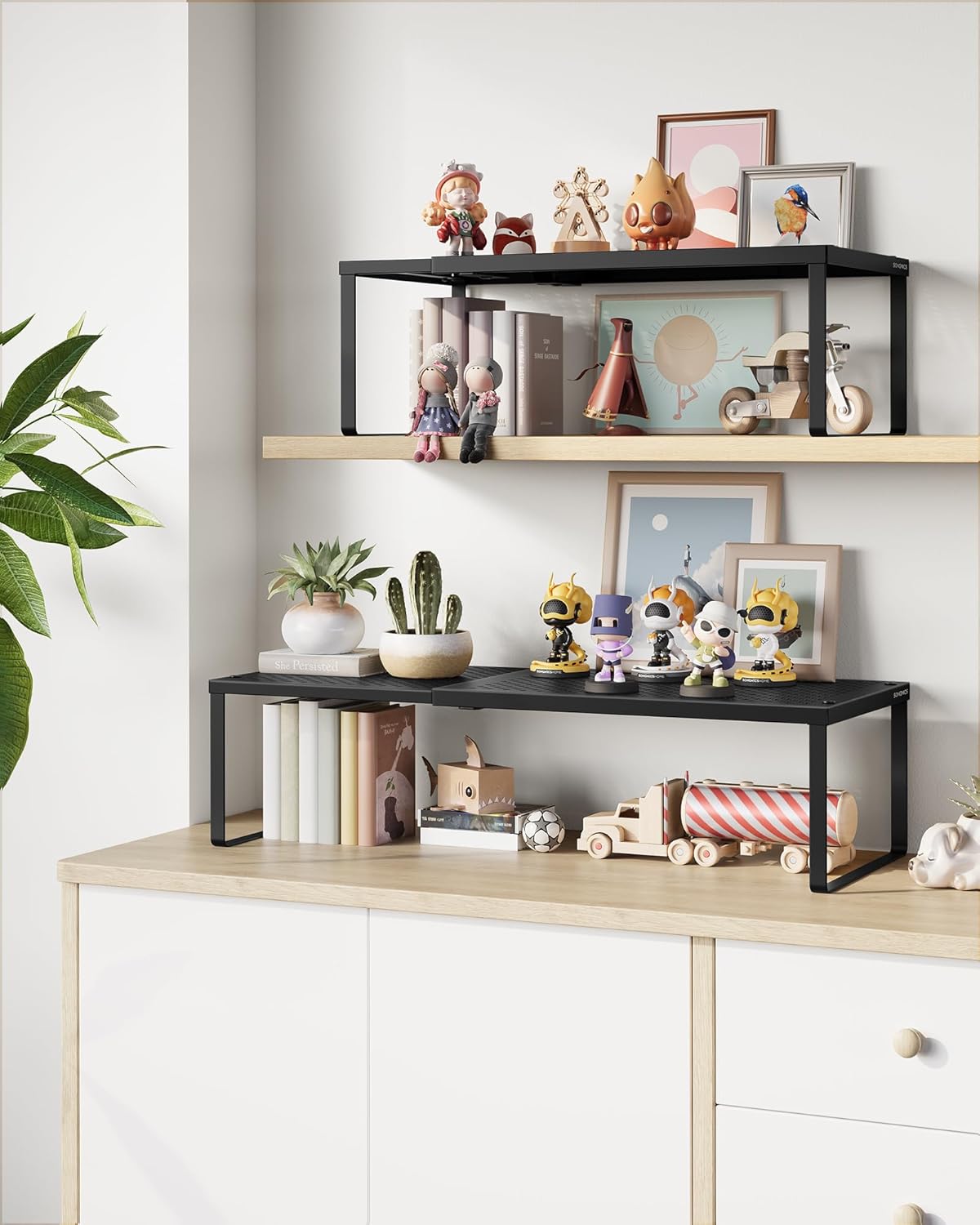 SONGMICS Spice Rack, Expandable Kitchen Countertop Shelf, Small Cupboard Organizer, Metal, Space-Saving Tabletop Shelf, Matte Black UKCS007B01