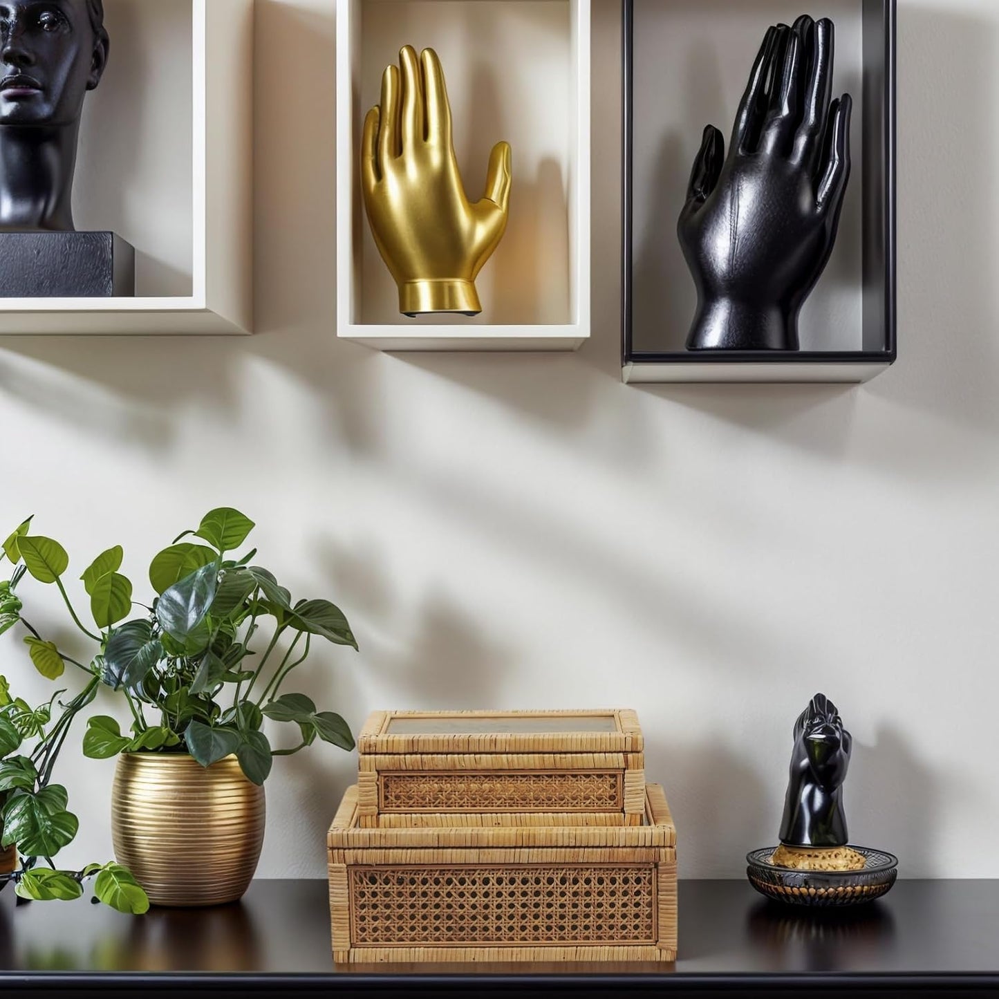 Rattan Box for Home Decor with Lid - Rectangular Coastal Bohemian Style Stackable Decorative Storage Box Set - Handmade from Natural Rattan, Cedar & Real Glass