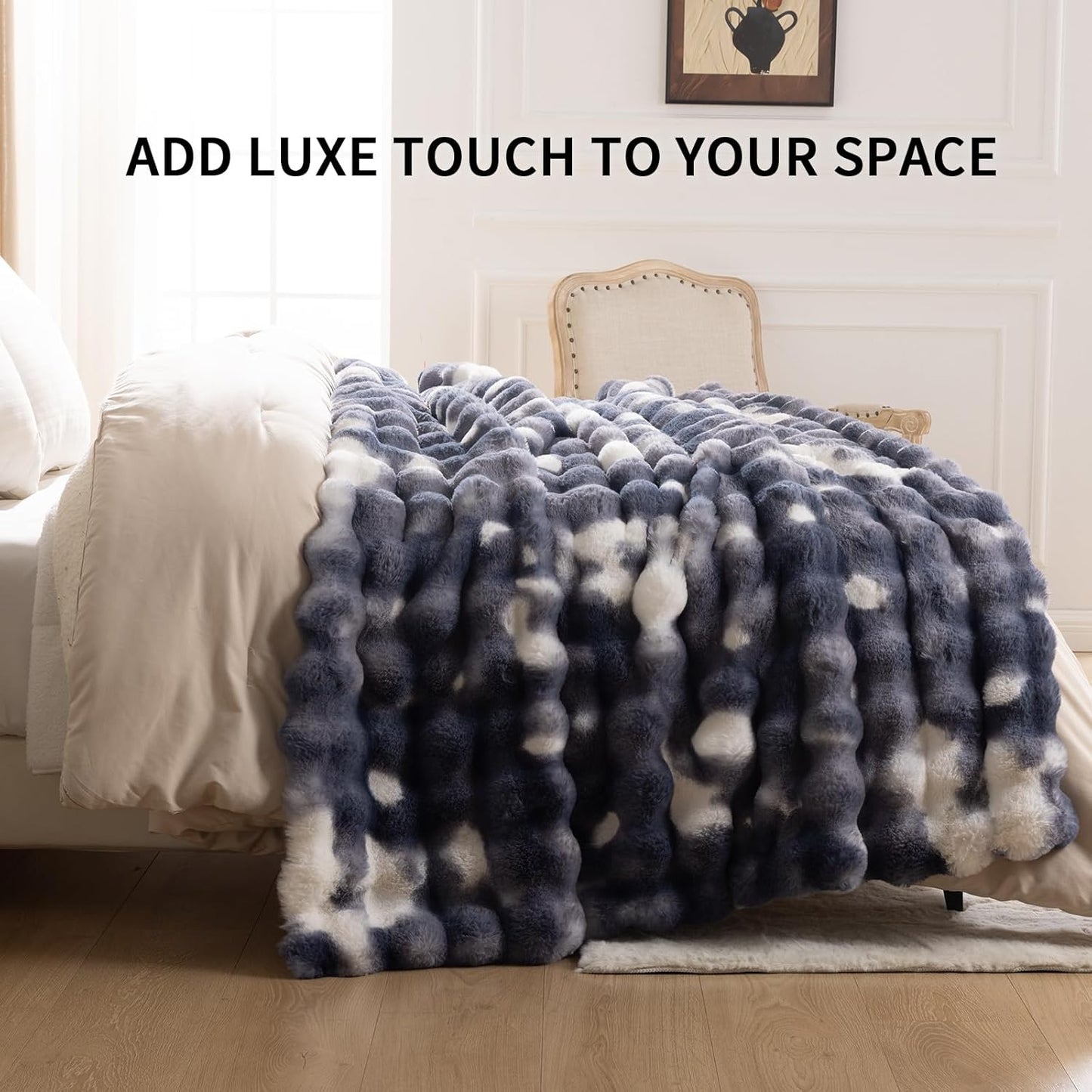 Cozy Faux Fur Throw Blanket for Bed Warm Fuzzy Throw Blanket, Soft Plush Thick Bubble Blankets for Bedroom and Living Room, Furry Luxury Blanket, 90 x 90,Tie-Dye Blue