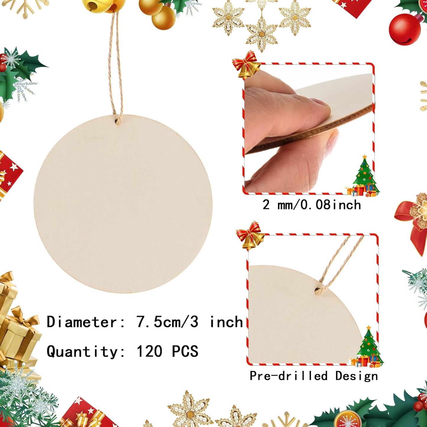 120 Pcs 3 Inch Unfinished Rounds Wooden Circles with Holes Wooden Tags Round Wood Discs Cutouts for Crafts Natural Blank Wood Circle Ornaments Hanging Tags for DIY Crafts, Painting, Christmas Decor