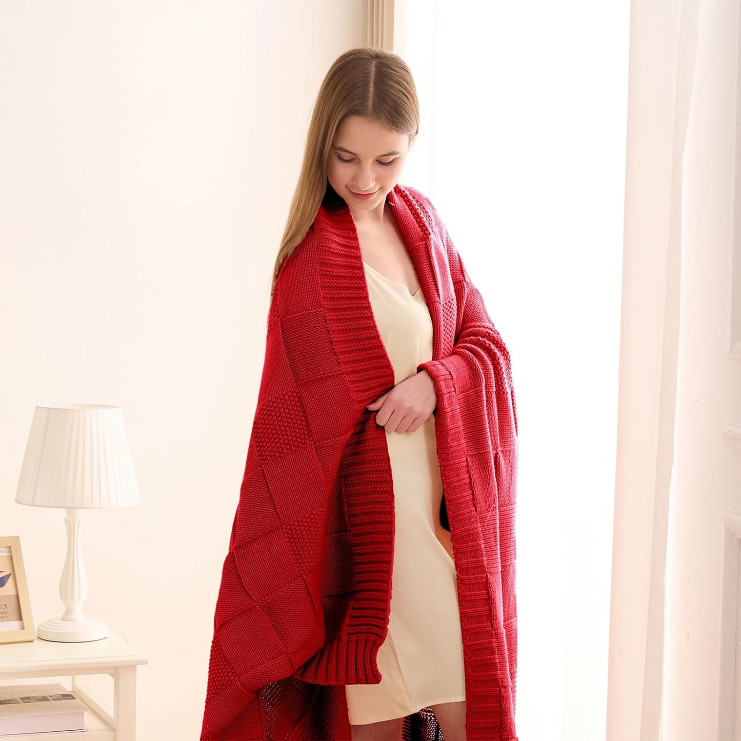 CozeCube Knit Throw Blanket,Christmas Red Checkered Bedroom Blanket for Couch,Soft Cozy Warm Knitted Blanket for Bed Sofa Living Room,Decorative Spring Fall Throw Blanket 60"X80",Christmas Red