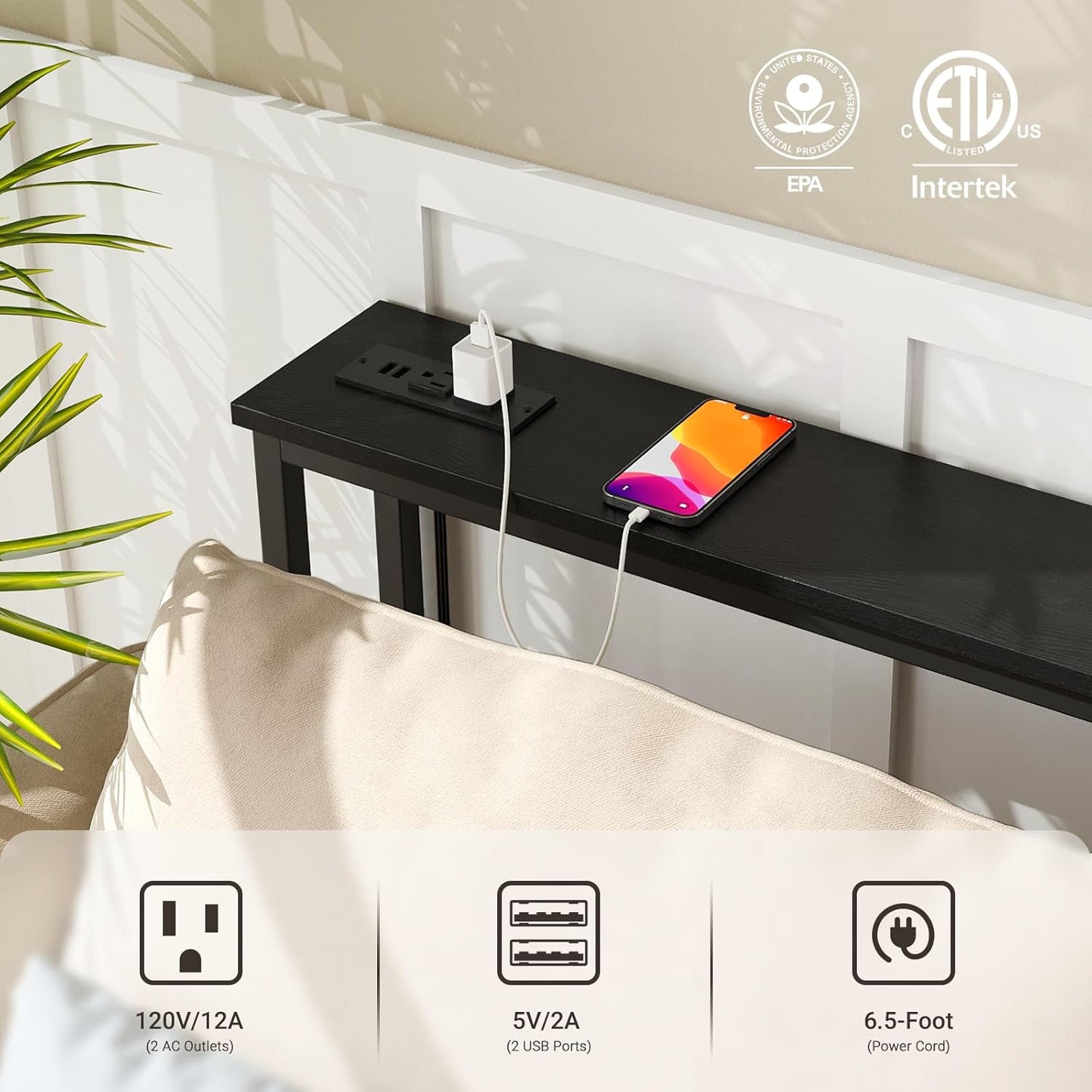 ELYKEN 5.9" Narrow Console Sofa Table with Power Outlets, 5.9" Dx39.4 Wx31.1 H Long Black Behind Couch Table with Metal Frame and Charge Station with 6.5’ Extension Cord