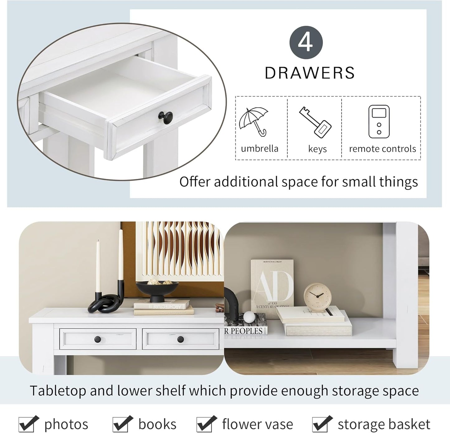 White Console Table,Solid Wood Sofa Table with 4 Drawers Hallway Table for Storage Entry Foyer Behind Couch Table,Fully Assembled (63" White)